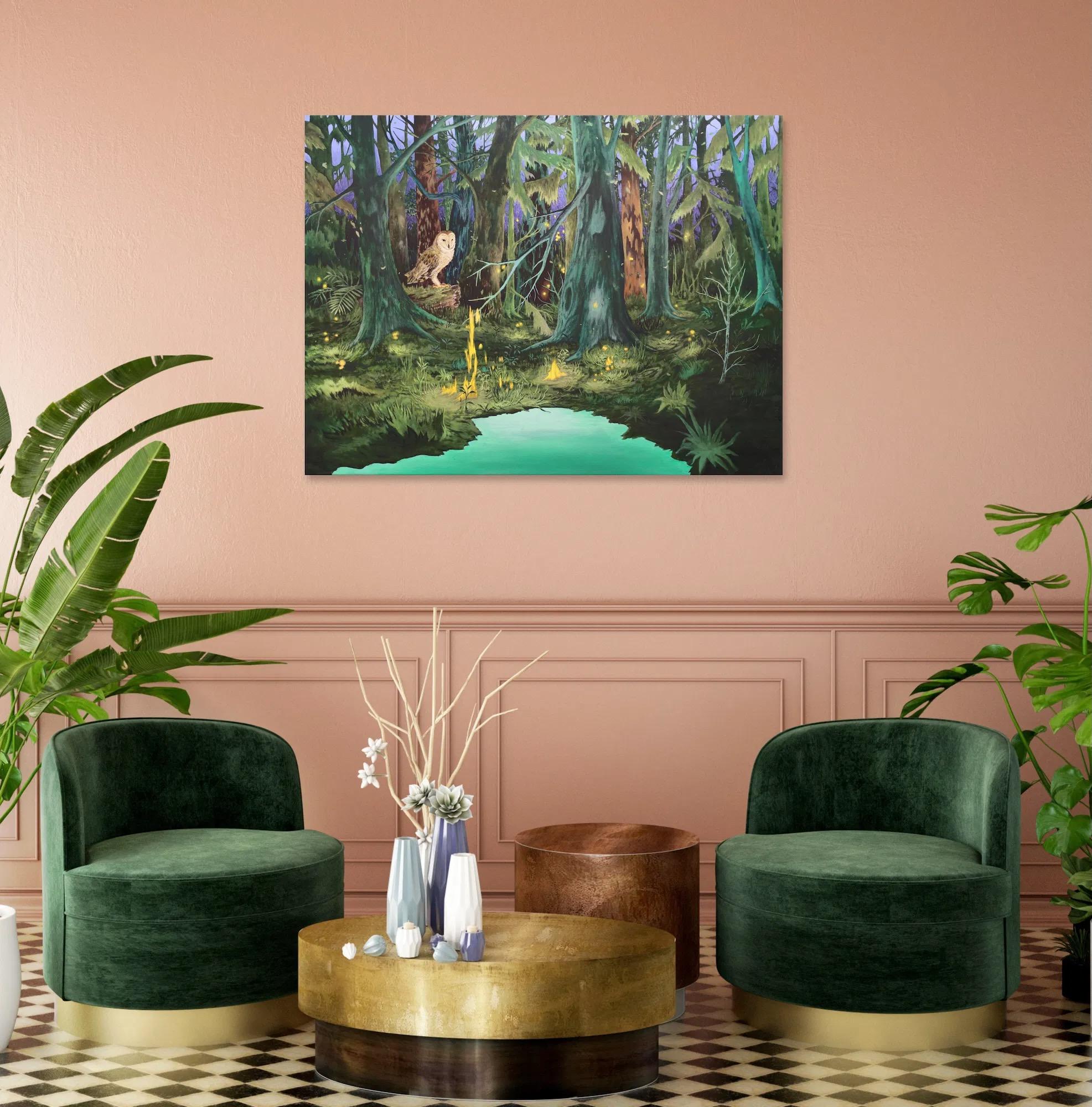 The Will o' the Wisps von Rene Gonzalez - Waldlandschaft mit Eule, Wasser und Feuer im Angebot 3