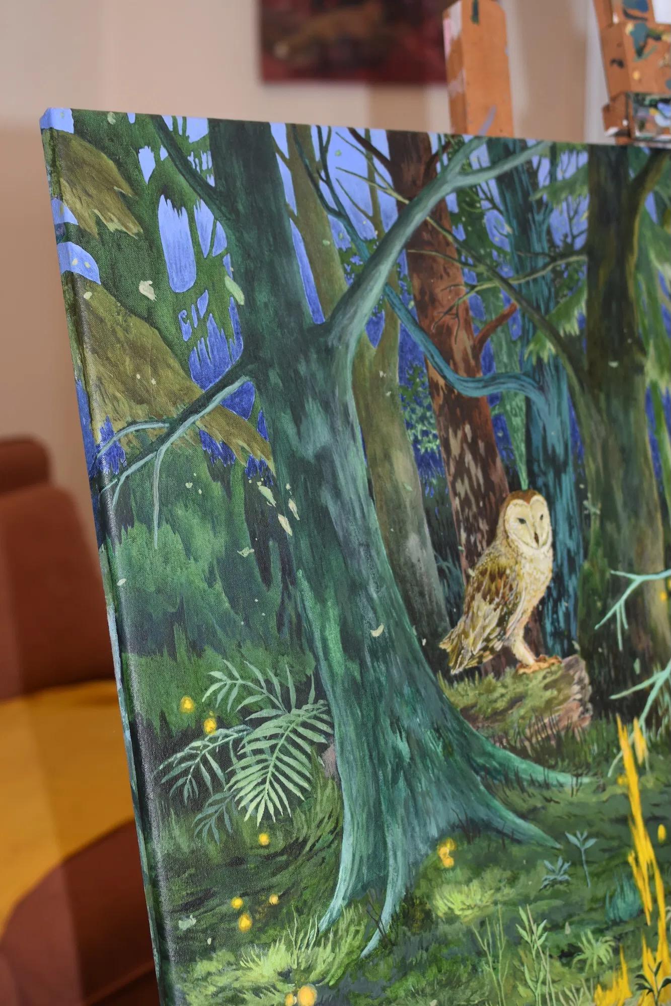 The Will o' the Wisps von Rene Gonzalez - Waldlandschaft mit Eule, Wasser und Feuer im Angebot 4