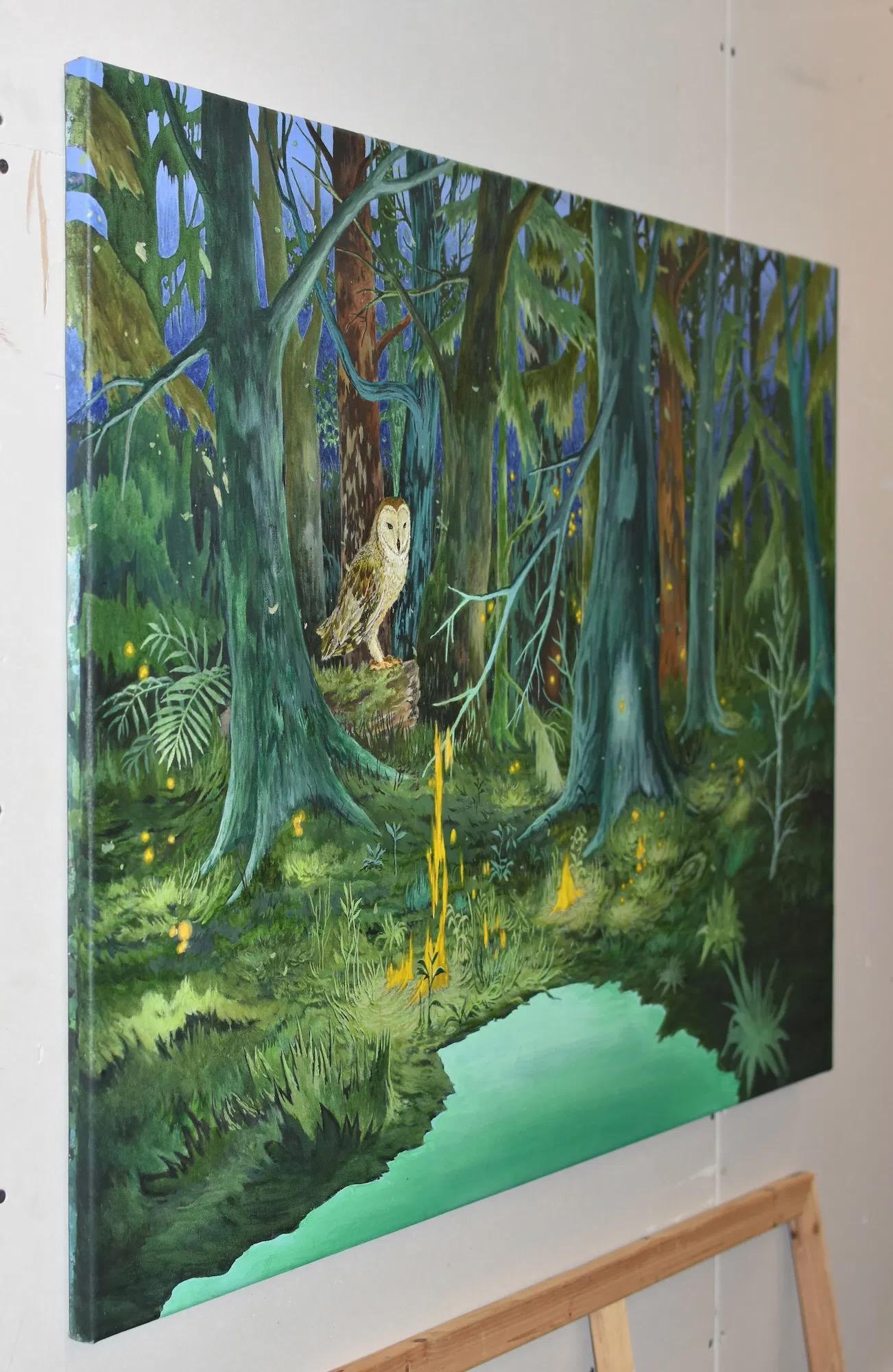 The Will o' the Wisps von Rene Gonzalez - Waldlandschaft mit Eule, Wasser und Feuer im Angebot 5