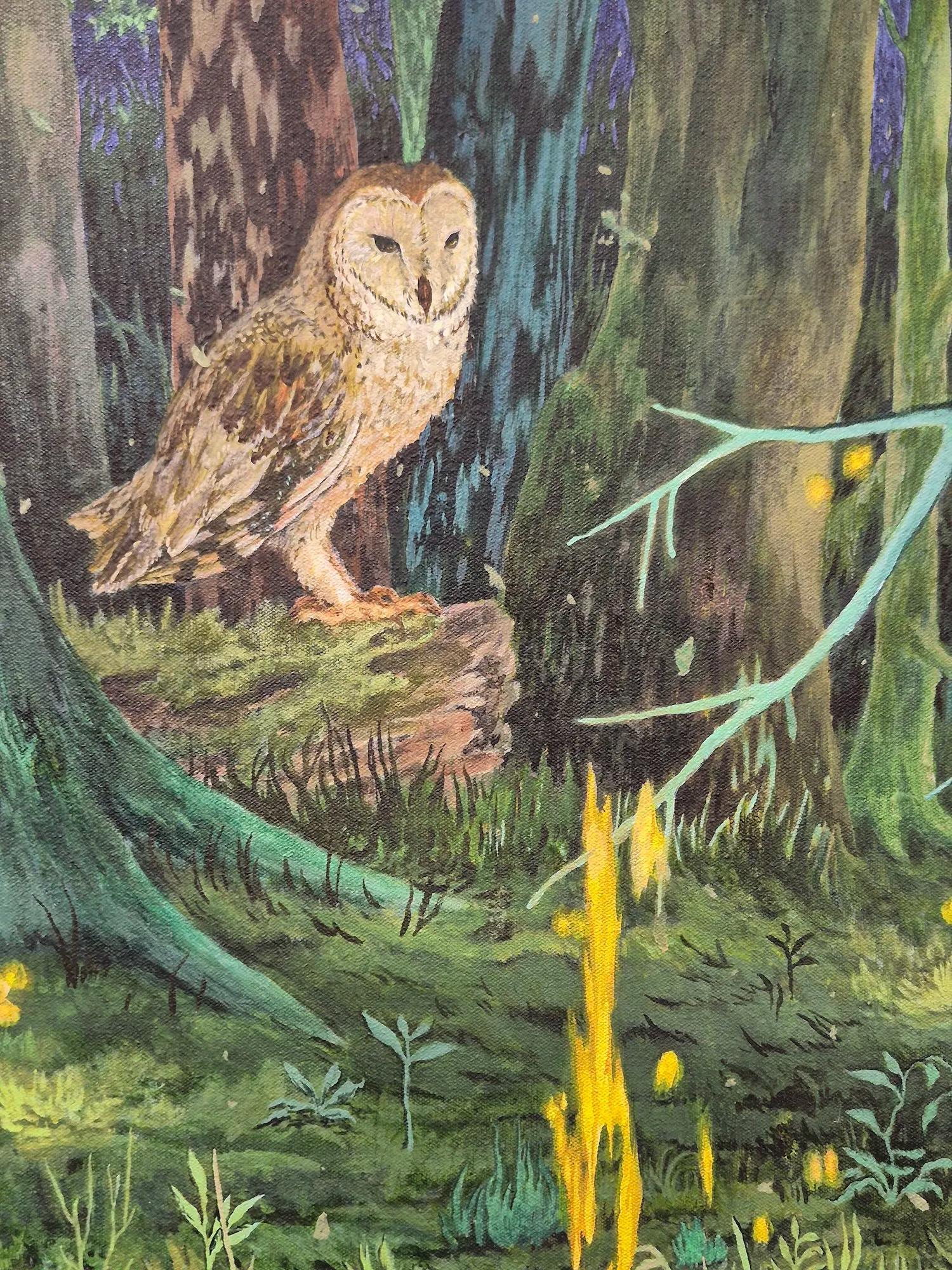 The Will o' the Wisps von Rene Gonzalez - Waldlandschaft mit Eule, Wasser und Feuer im Angebot 6