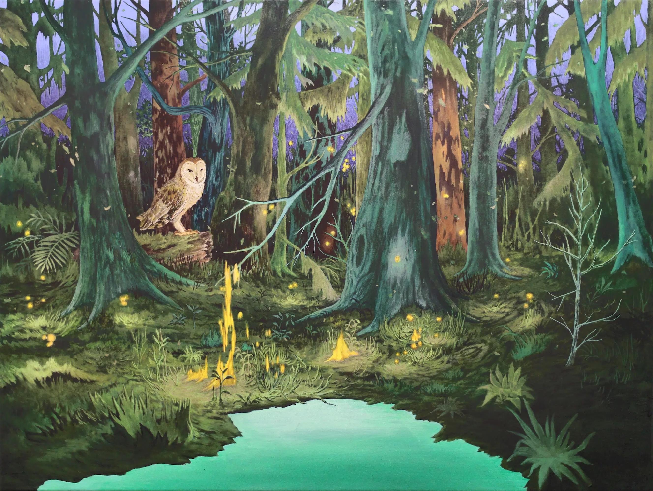 Will o’ the Wisps is an acrylic on canvas by the artist Rene Gonzalez representing an owl perched at the edge of a lake in a mysterious and enchanted forest. 
Rene Gonzalez sees his figurative paintings as “a series of small stories”: each work