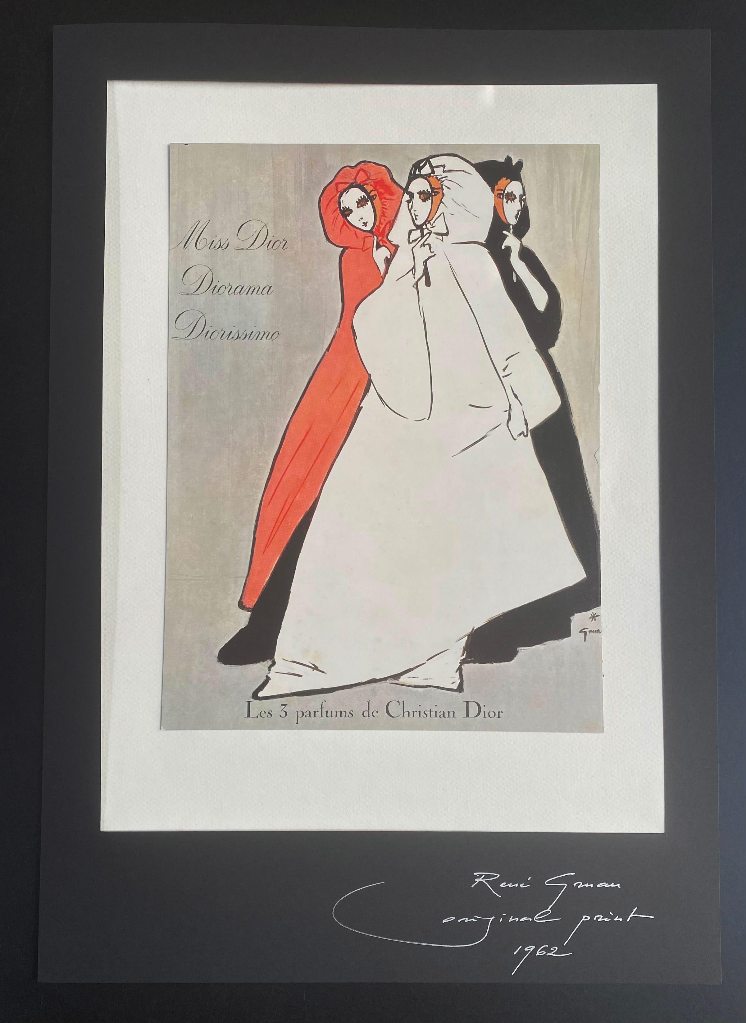 René Grau - Advertising illustration for Christian Dior.
Signed and dated lower right.
Original Print. 
1962.
Measures: Size with frame : 50 cm x 35 cm.
Size without frame : 43 cm x 31 cm.
190€.