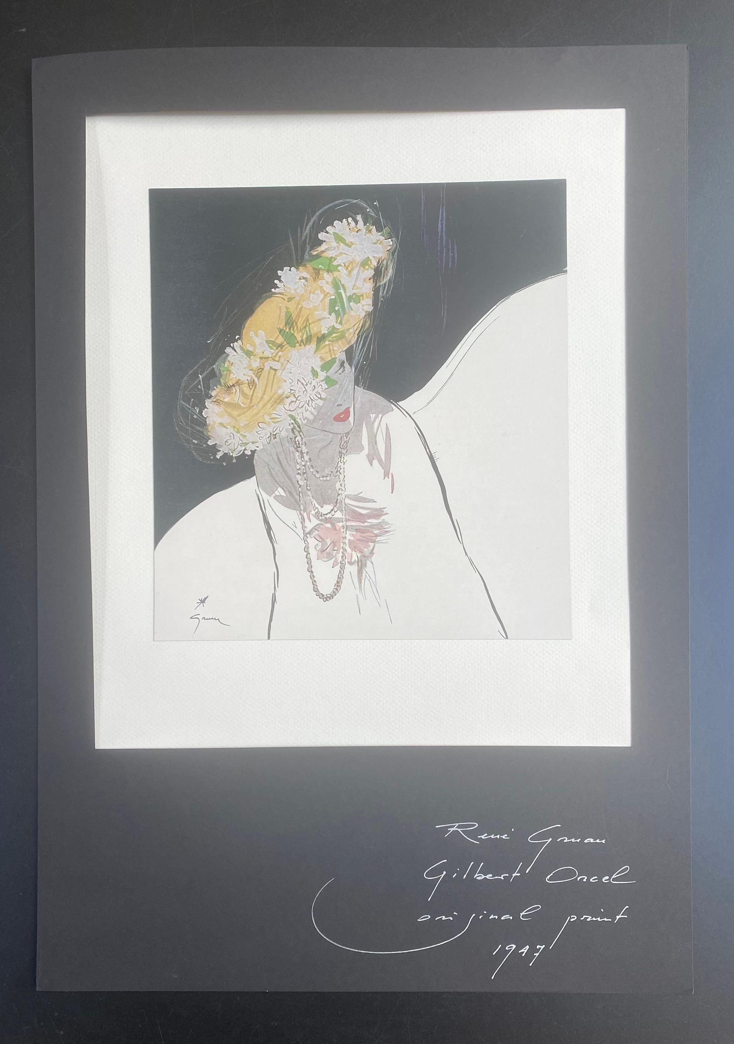René Grau - Fashion illustration for Gilbert Orcel.
Signed and dated lower right. 
Original Print. 
1947.
Size with frame : 50 cm x 35 cm.
Size without frame : 38 cm x 31 cm.
190€.

The Official Spring 1947 Collection Issue