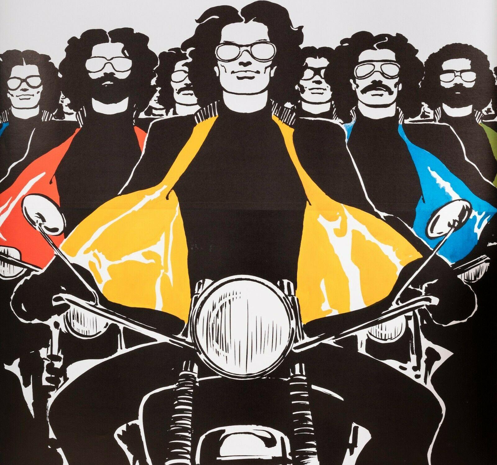 Original Italian Poster-Gruau-Assézat-Fashion, Moto-Vesto, 1980

Poster for the promotion of Bemberg by motorcyclists.
The poster represents of men on their motorcycle carrying jackets doubled with Bemberg and the different colour available.