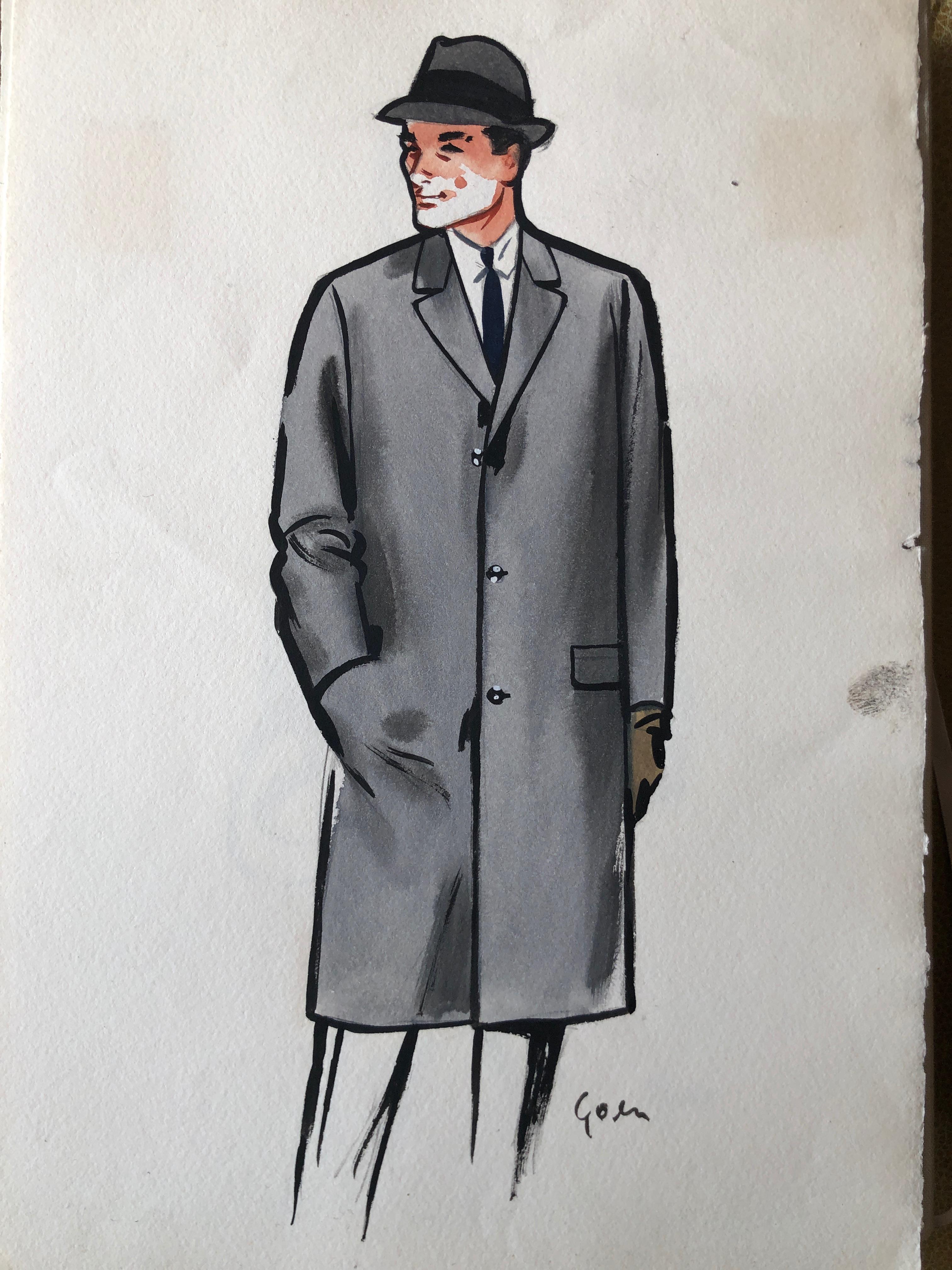 Rene Gruau Original Mens Fashion Illustration Gray Overcoat and Fedora

Original watercolor / guache on paper

8
