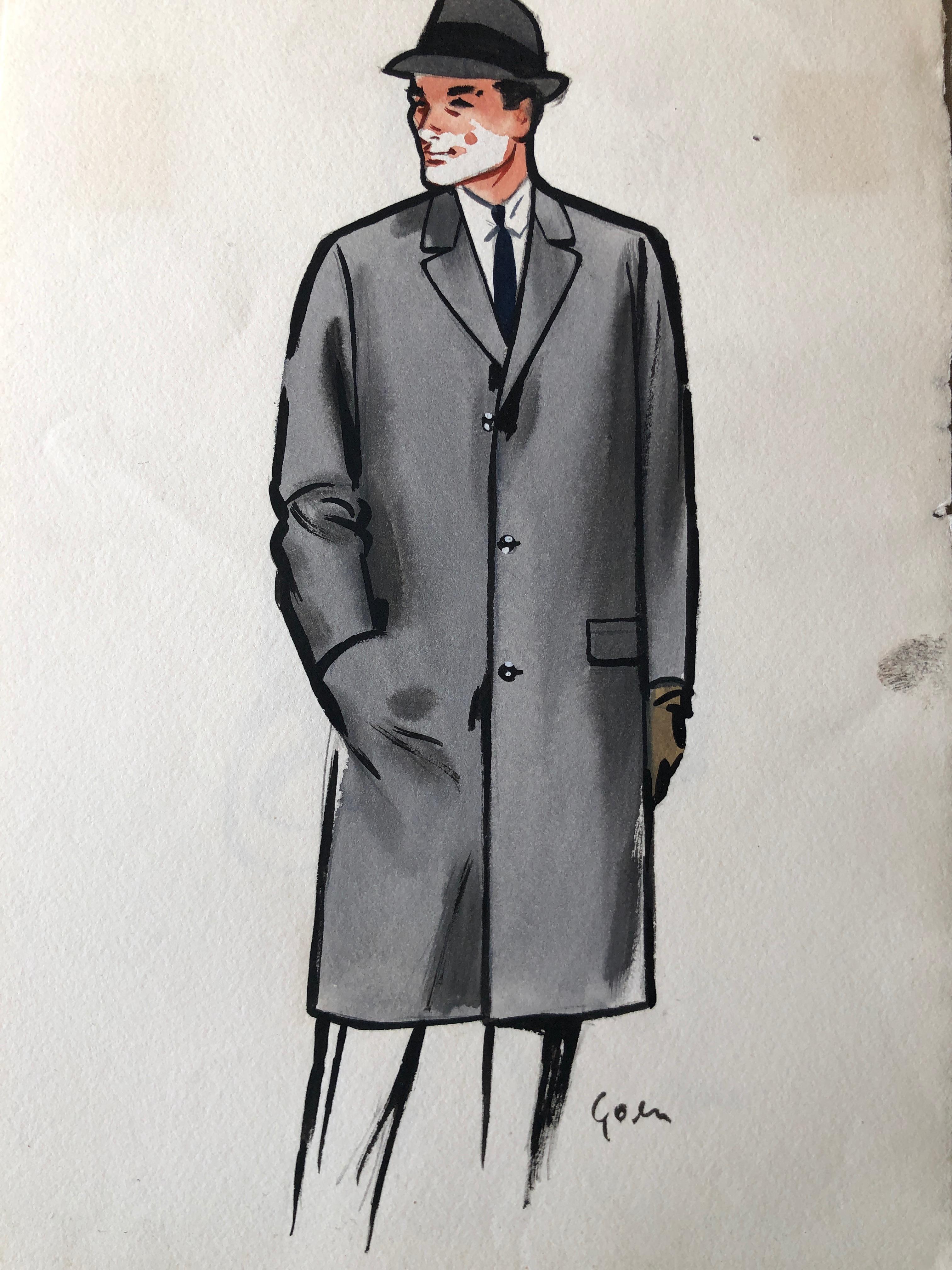 Rene Gruau Original Mens Fashion Illustration Gray Overcoat and Fedora In Good Condition For Sale In Cloverdale, CA