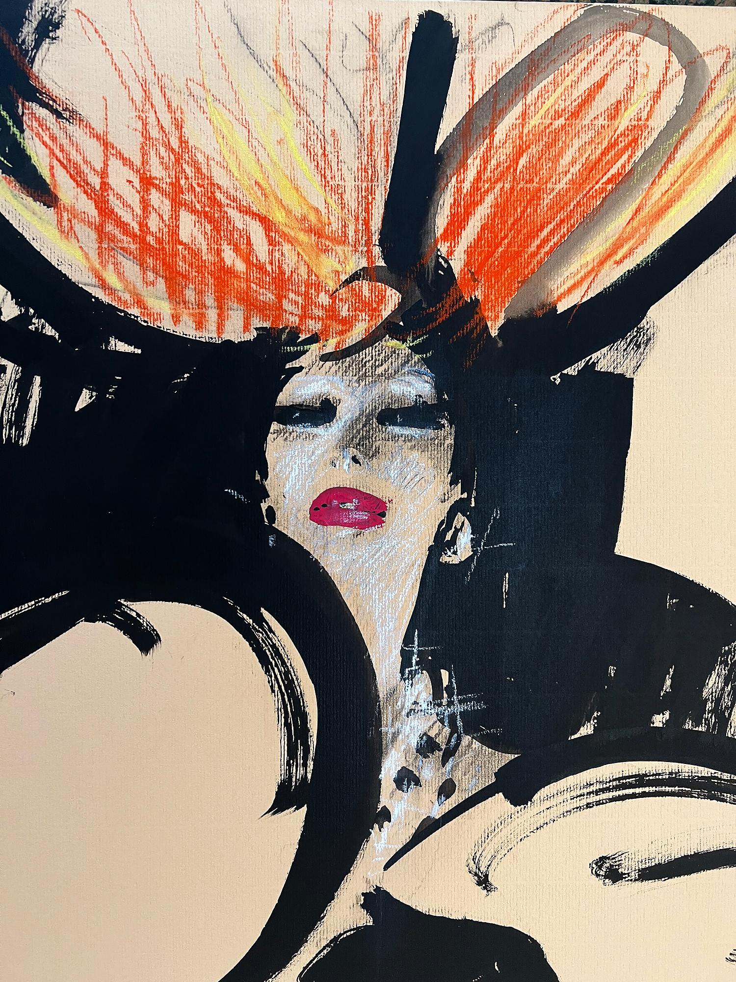Donna francese elegante con cappello sontuoso,  Show Girl Performance - Opera bifacciale - Painting di René Gruau