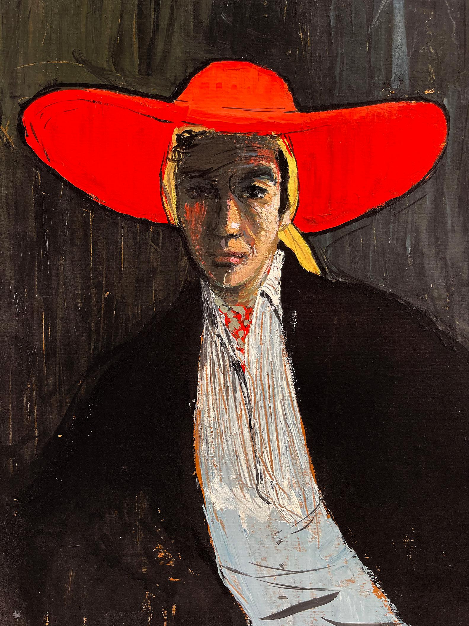 Figure avec un chapeau rouge à larges bords en vente 6
