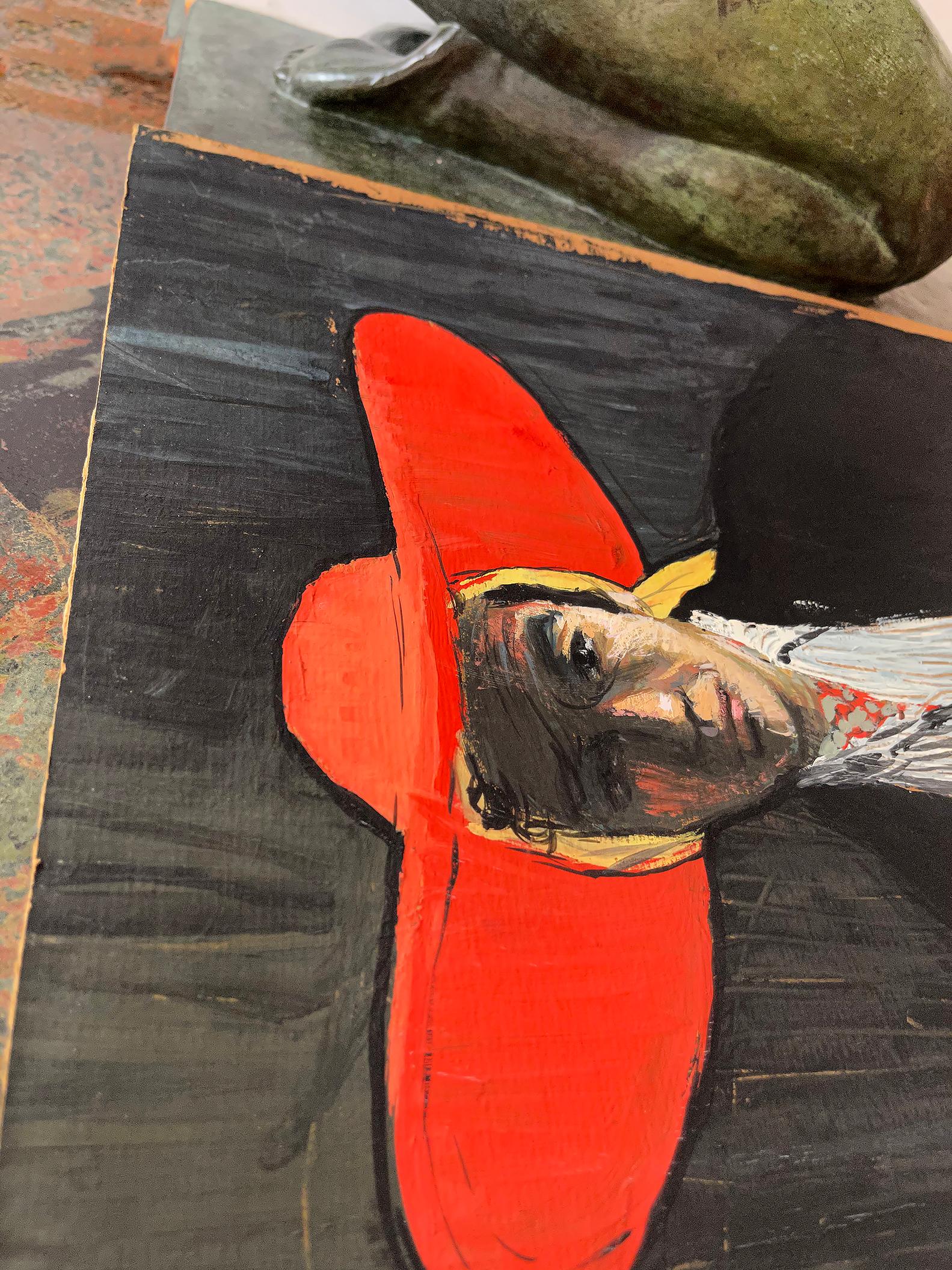 Figure avec un chapeau rouge à larges bords en vente 9