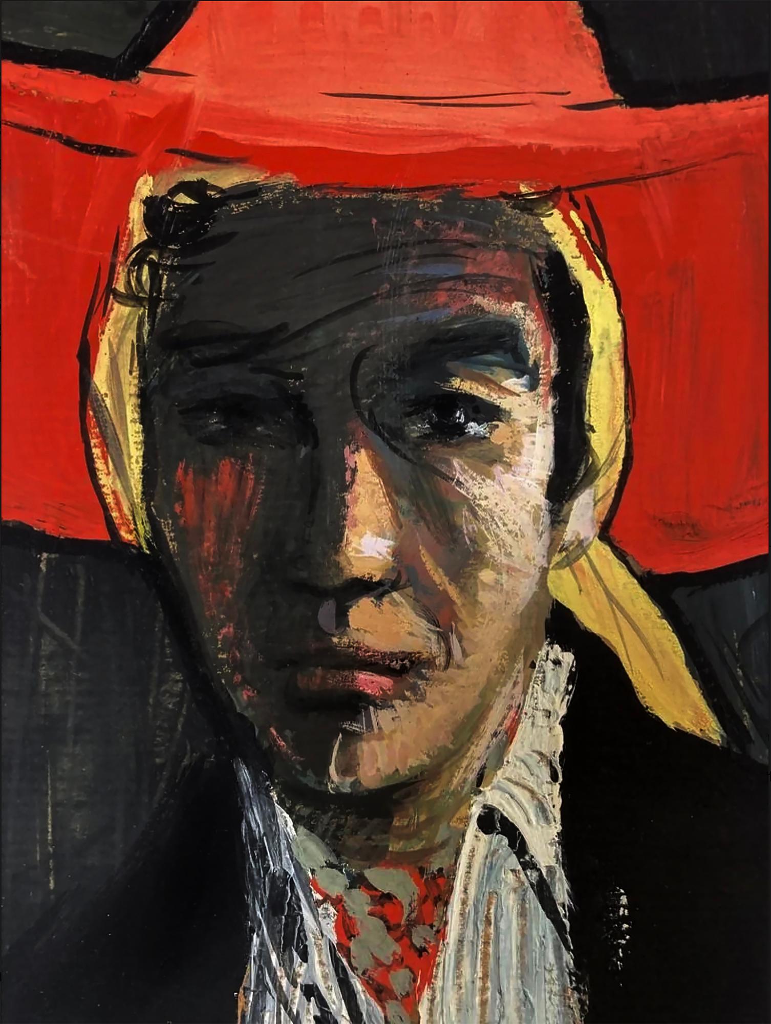 Figure avec un chapeau rouge à larges bords - Painting de René Gruau