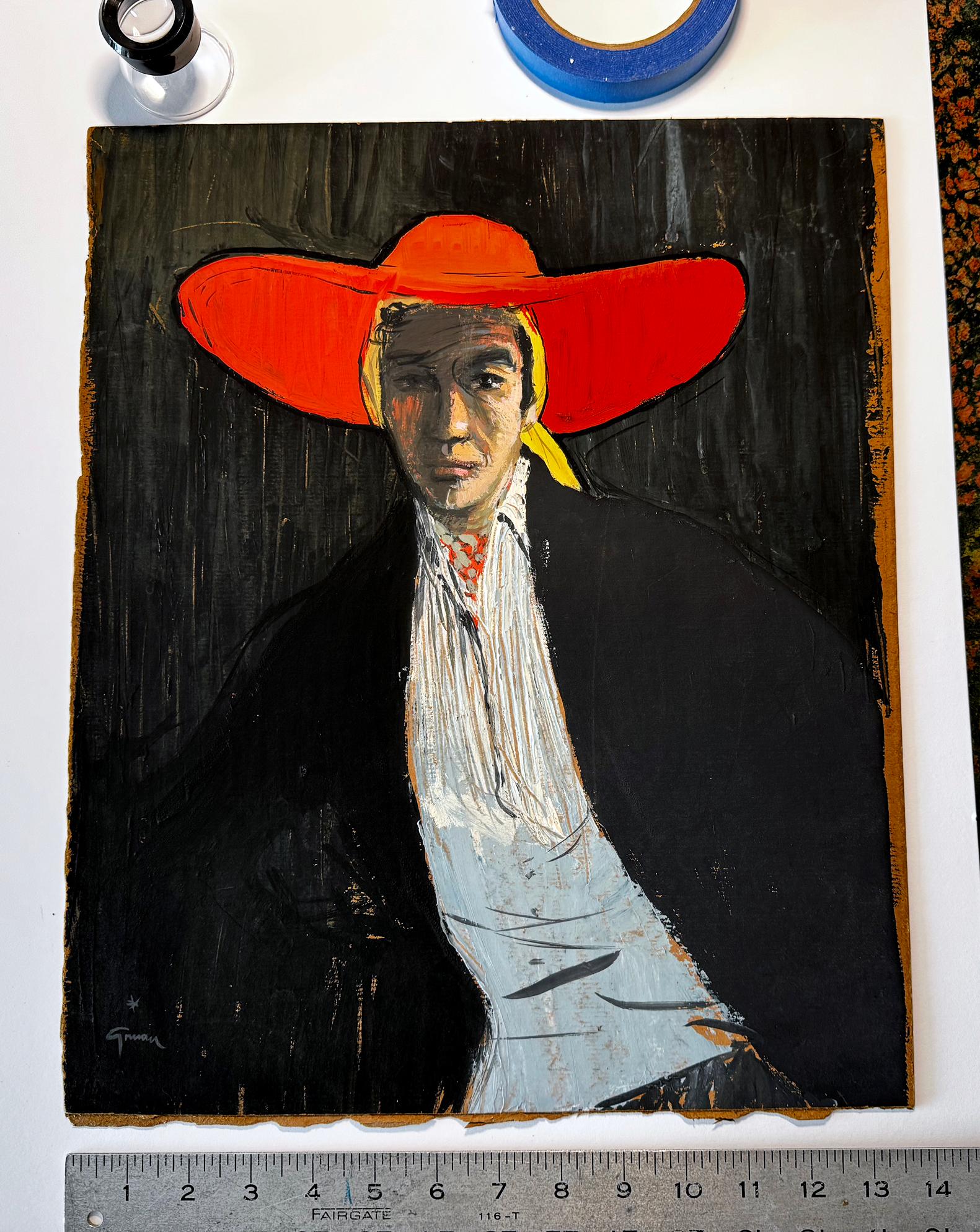 Figure avec un chapeau rouge à larges bords en vente 2