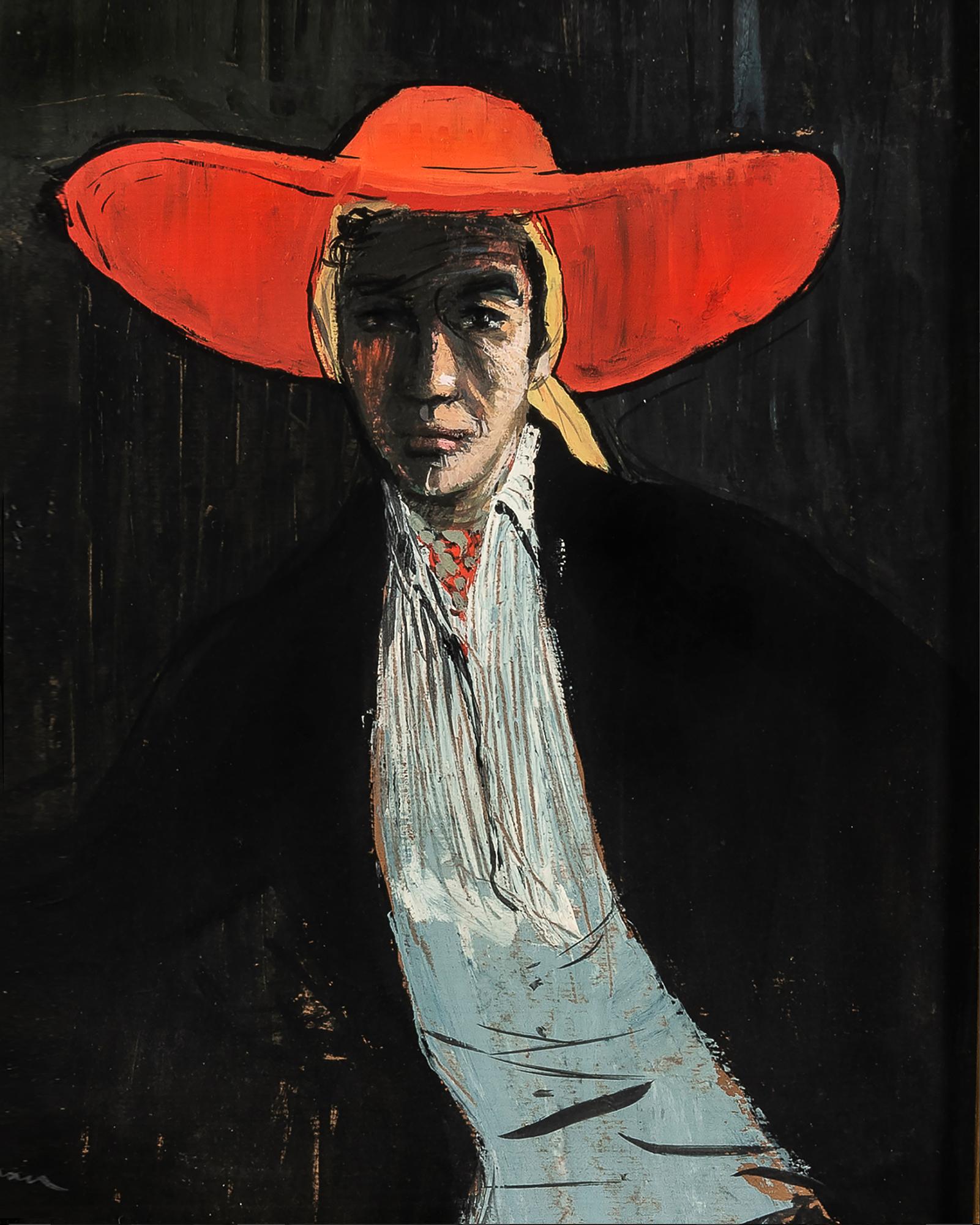 René Gruau Figurative Painting - Figure in a Wide-brimmed Red Hat