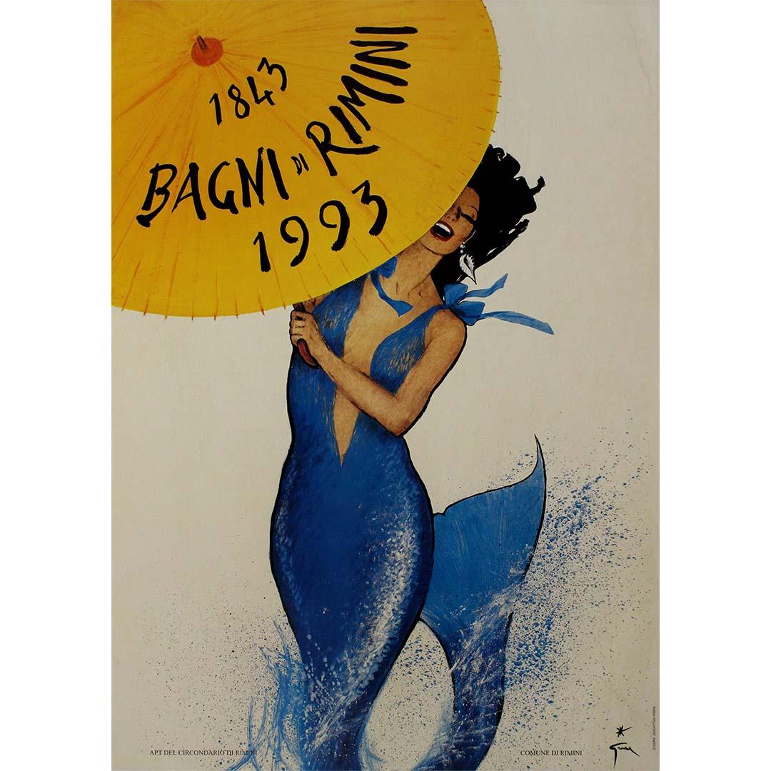 El cartel de 1993 "Bagni di Rimini" del icónico artista René Gruau capta el encanto intemporal de la Riviera italiana y su famoso destino costero, Rimini. Gruau, célebre por su estilo distintivo y elegante, era conocido por elevar los carteles