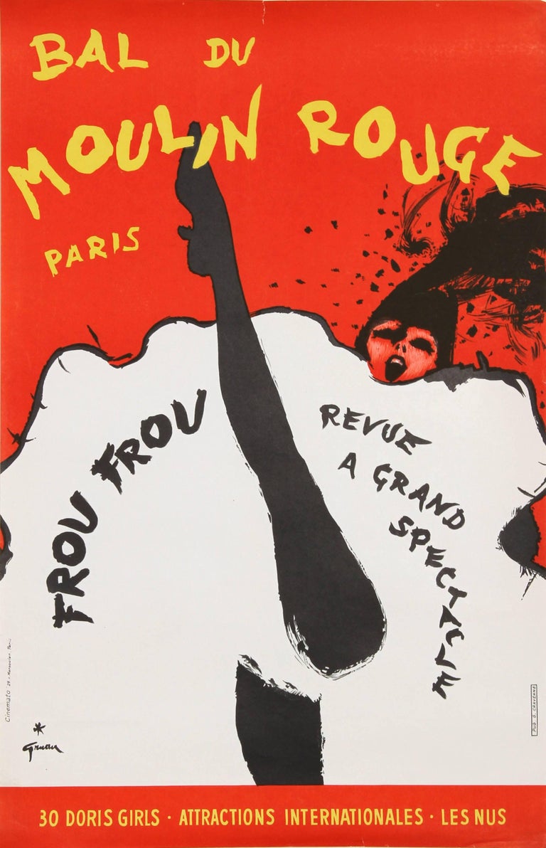 René Gruau Print - "Bal du Moulin Rouge, Paris (Frou Frou)" Lithograph Poster by Rene Gruau