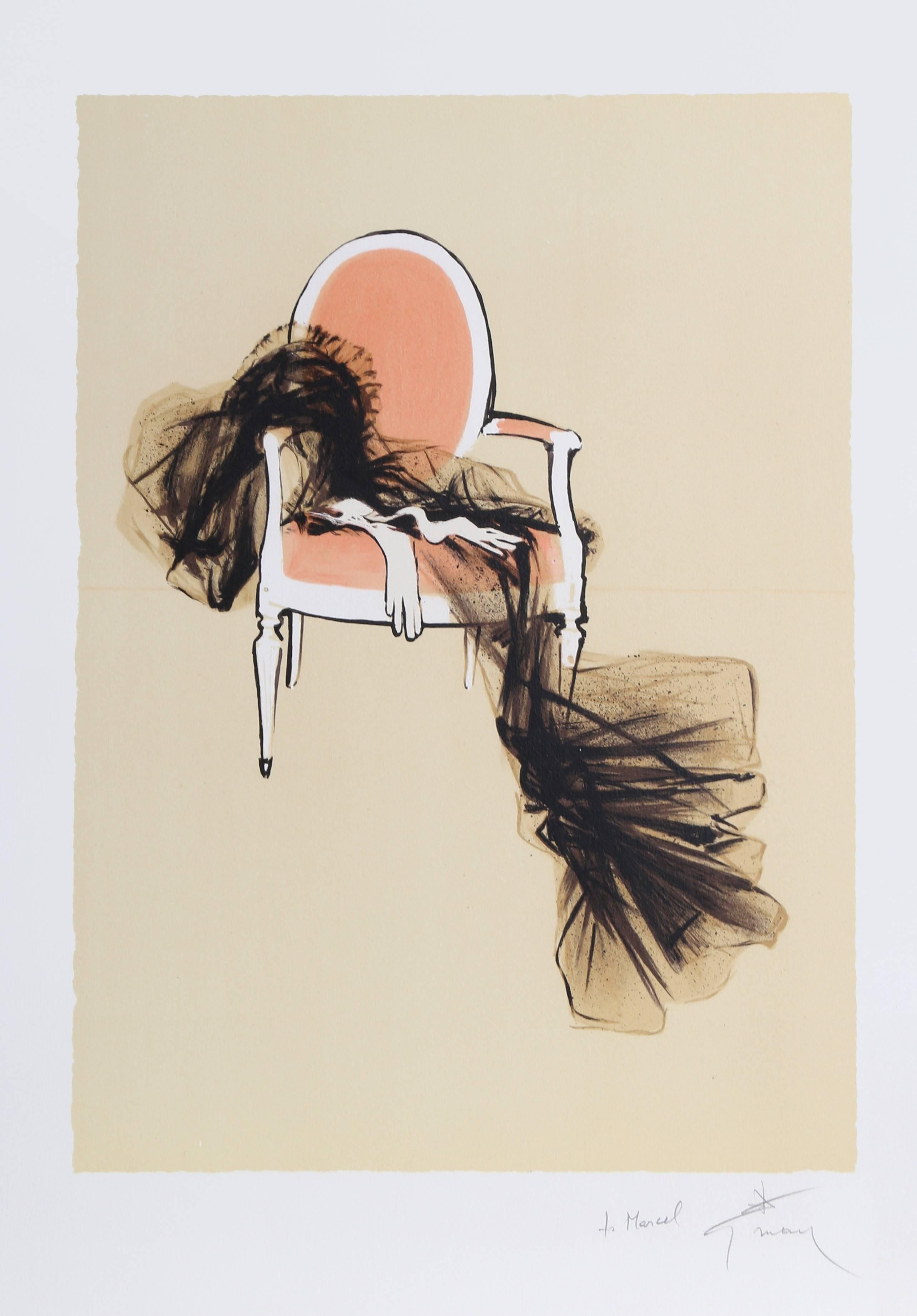 René Gruau Still-Life Print - Dress on a Chair, Signed Lithograph by Rene Gruau