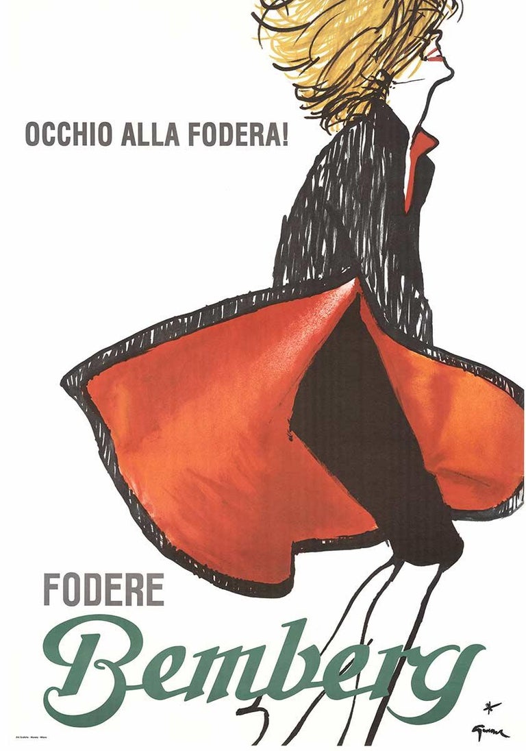 René Gruau Figurative Print - Fodere Bemberg original Italian fashion poster