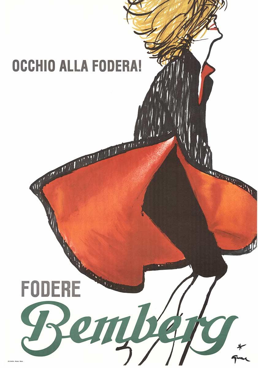 René Gruau Figurative Print - Fodere Bemberg original vintage Italian fashion poster