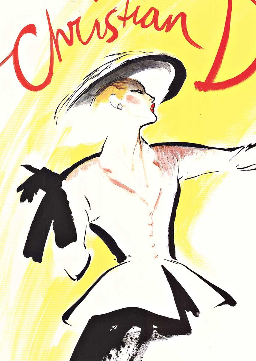 Original vintage French poster:  Christian Dior Homage.  (Homage à Christian Dior)  
Artist:  Rene Gruau.   Mint condition Original. 
 Size:  15.75