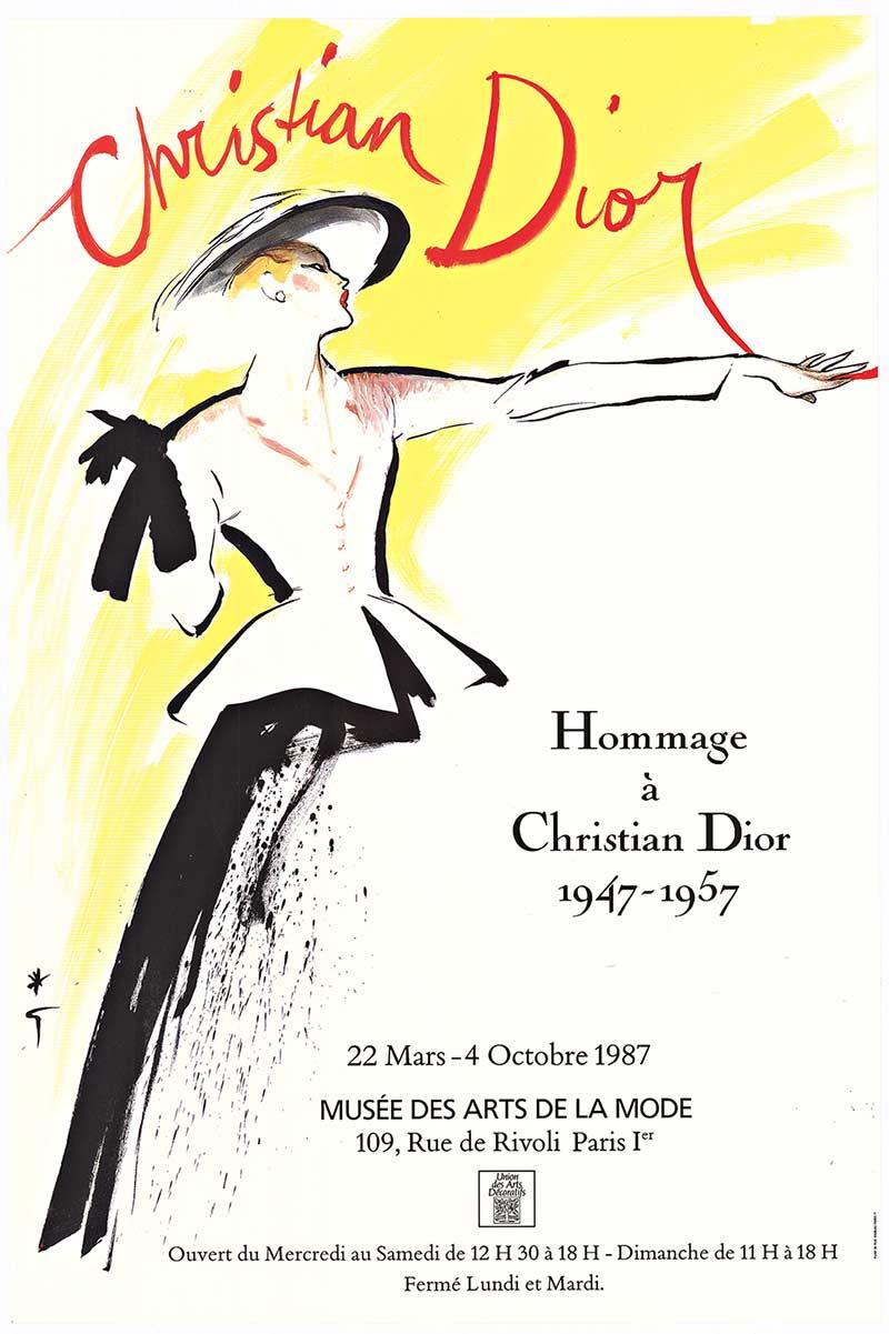 René Gruau Figurative Print – Originales französisches Vintage-Modeplakat Hommage a Christian Dior 