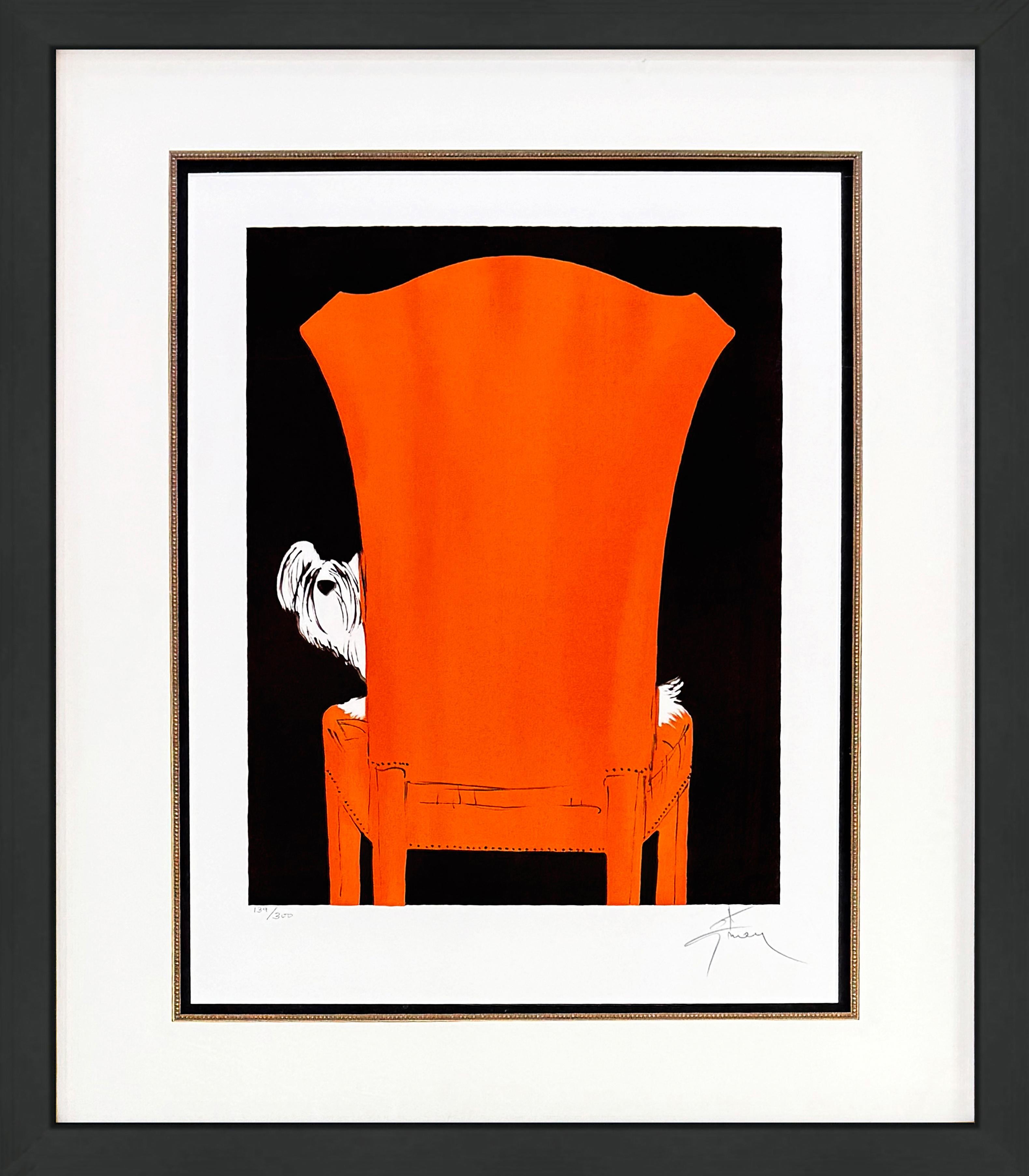 Interior Print di René Gruau - Le Petit Chien Sur Le Fauteuil (litografia incorniciata e firmata a mano)