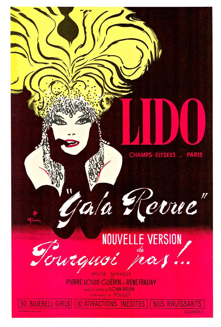 René Gruau Figurative Print - LIDO " Gala Revue" Pourquoi pas! original French cabaret poster, linen-backed