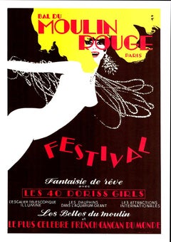 Cartel original del cabaret francés Bal du Moulin Rouge "Festival", con fondo de lino