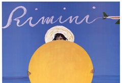 Original "Rimini" vintage poster  woman on beach holding the sun