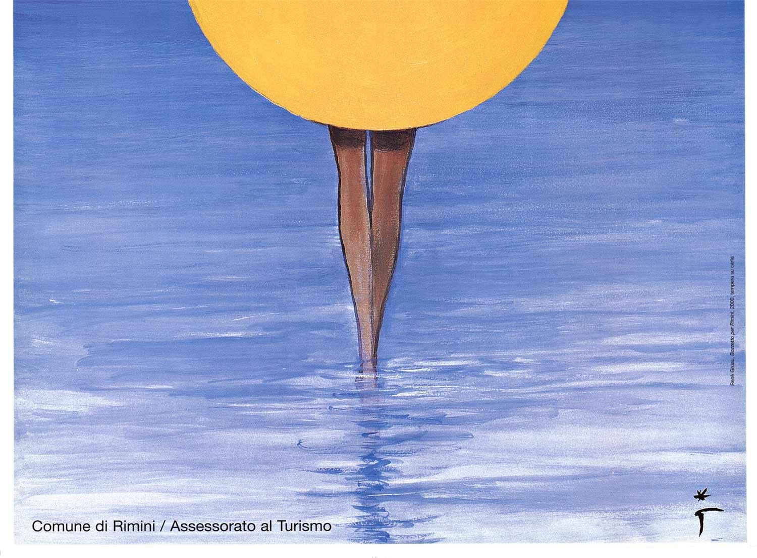 Originales Vintage-Poster „Rimini“  Frau am Strand, die Sonne hält (Amerikanische Moderne), Print, von René Gruau