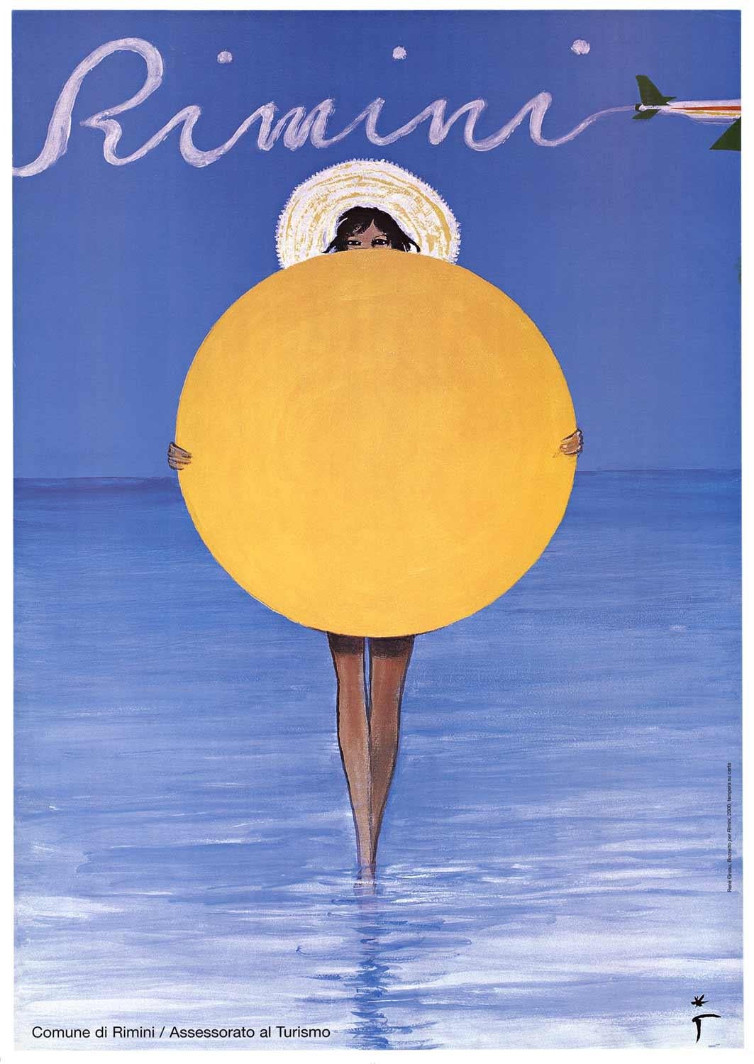 René Gruau Landscape Print - Original "Rimini" vintage poster  woman on beach holding the sun