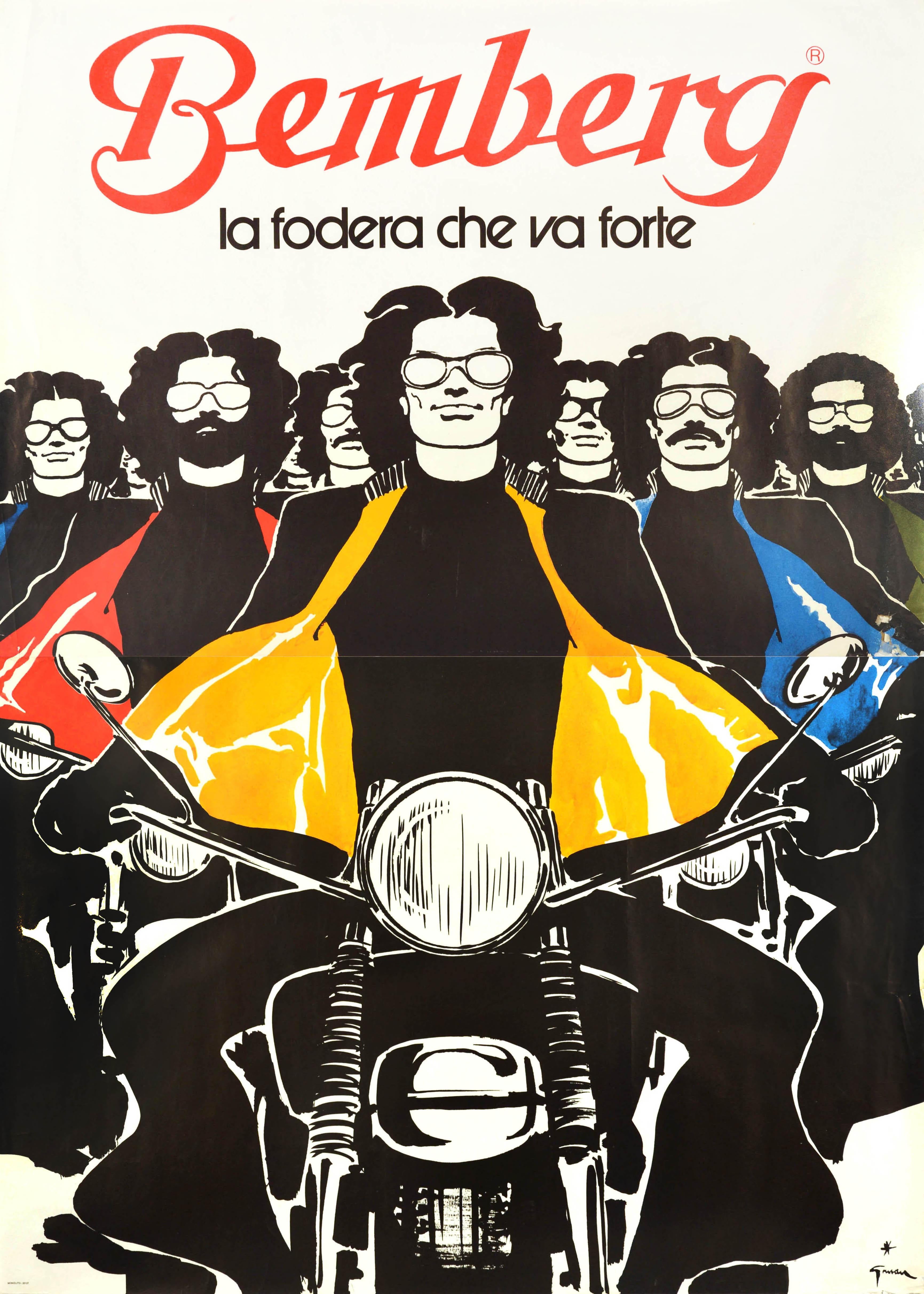 Print di René Gruau - Poster pubblicitario di moda originale d'epoca Bemberg Motorcycle Rene Gruau Design