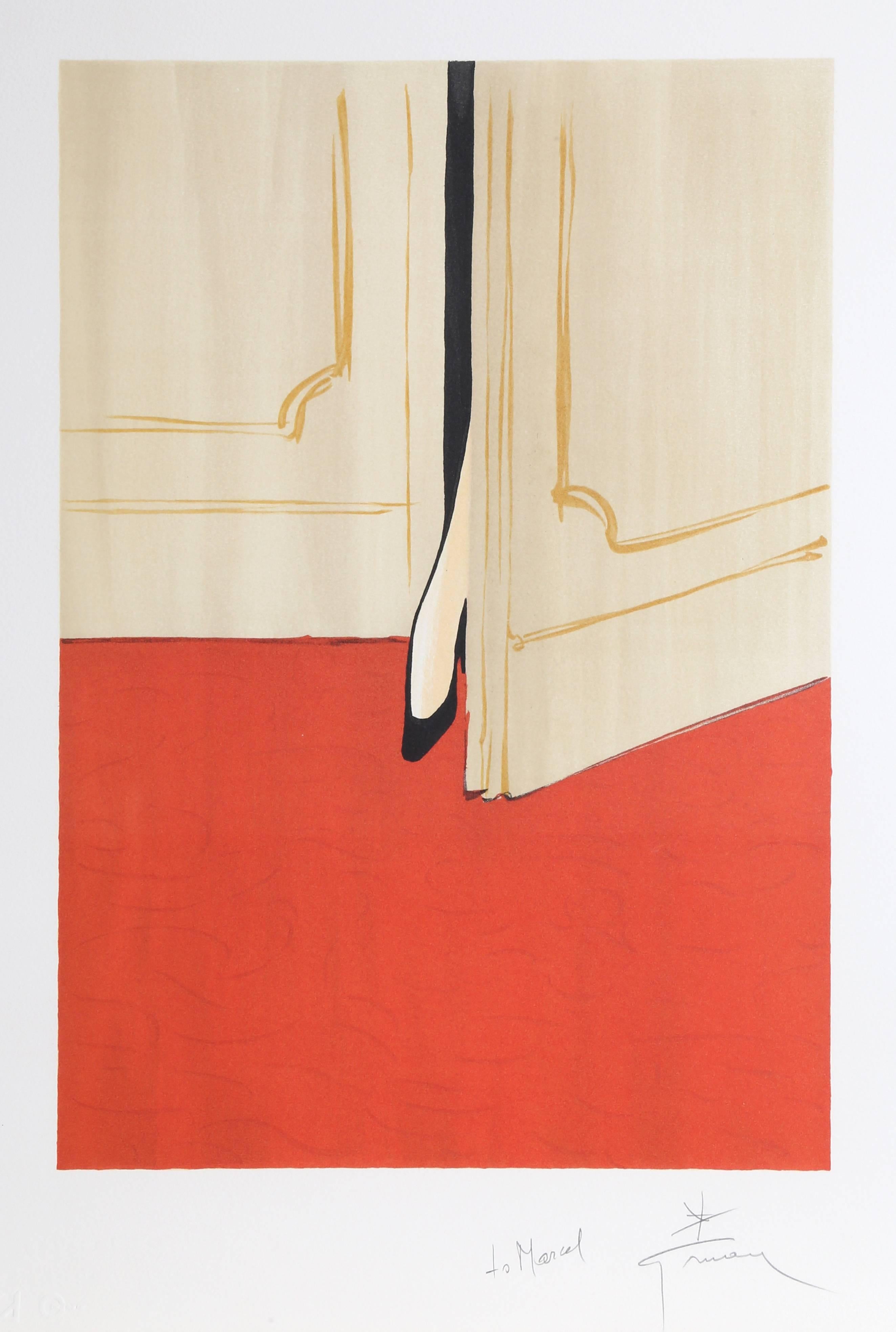 René Gruau Interior Print - Petite Foot in the Doorway, Signed Lithograph by Rene Gruau