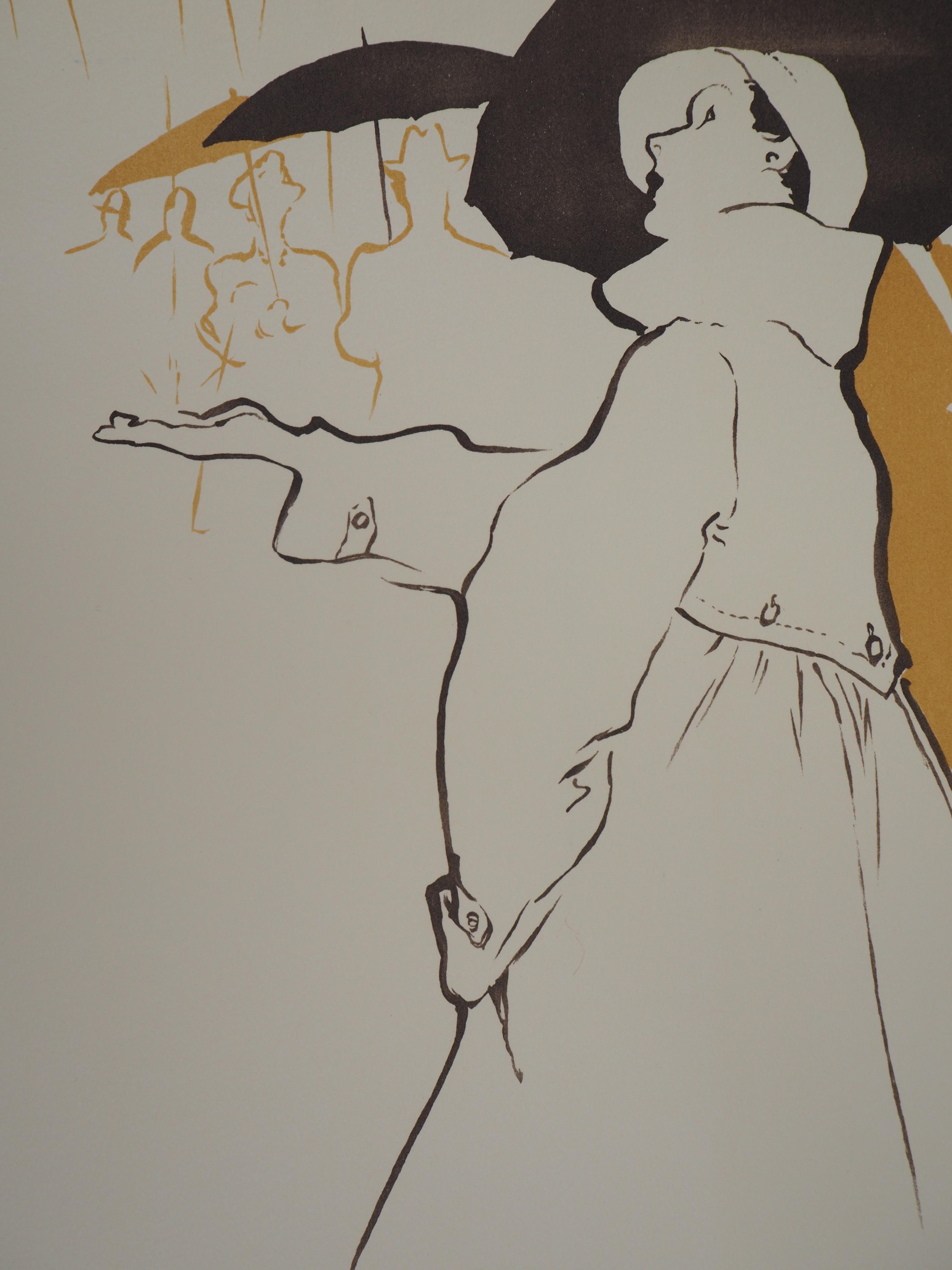 Rainy Day : Woman with Umbrella - Original Lithograph, Handsigned - Modern Print by René Gruau