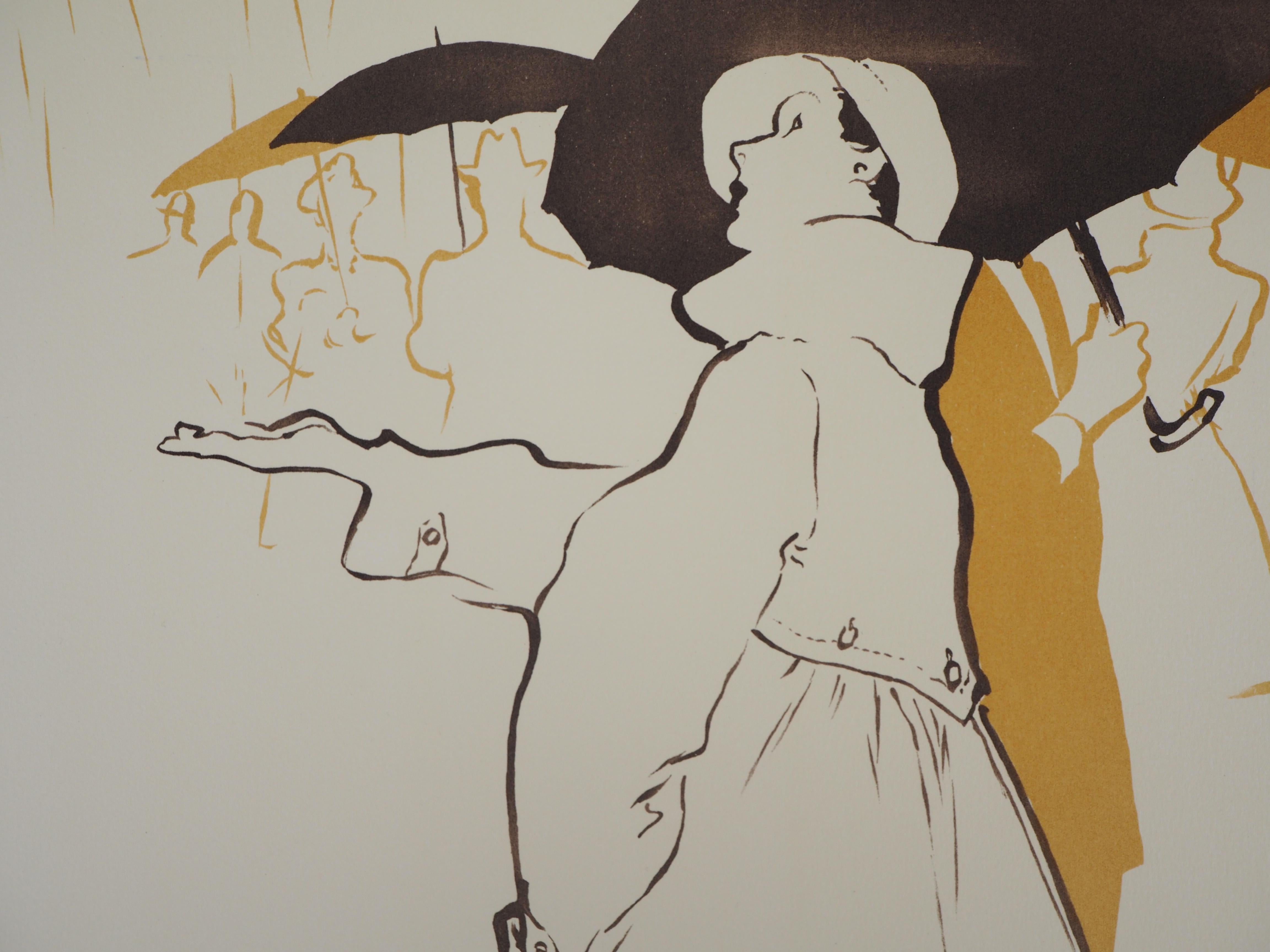 Rainy Day : Woman with Umbrella - Original Lithograph, Handsigned - Gray Figurative Print by René Gruau