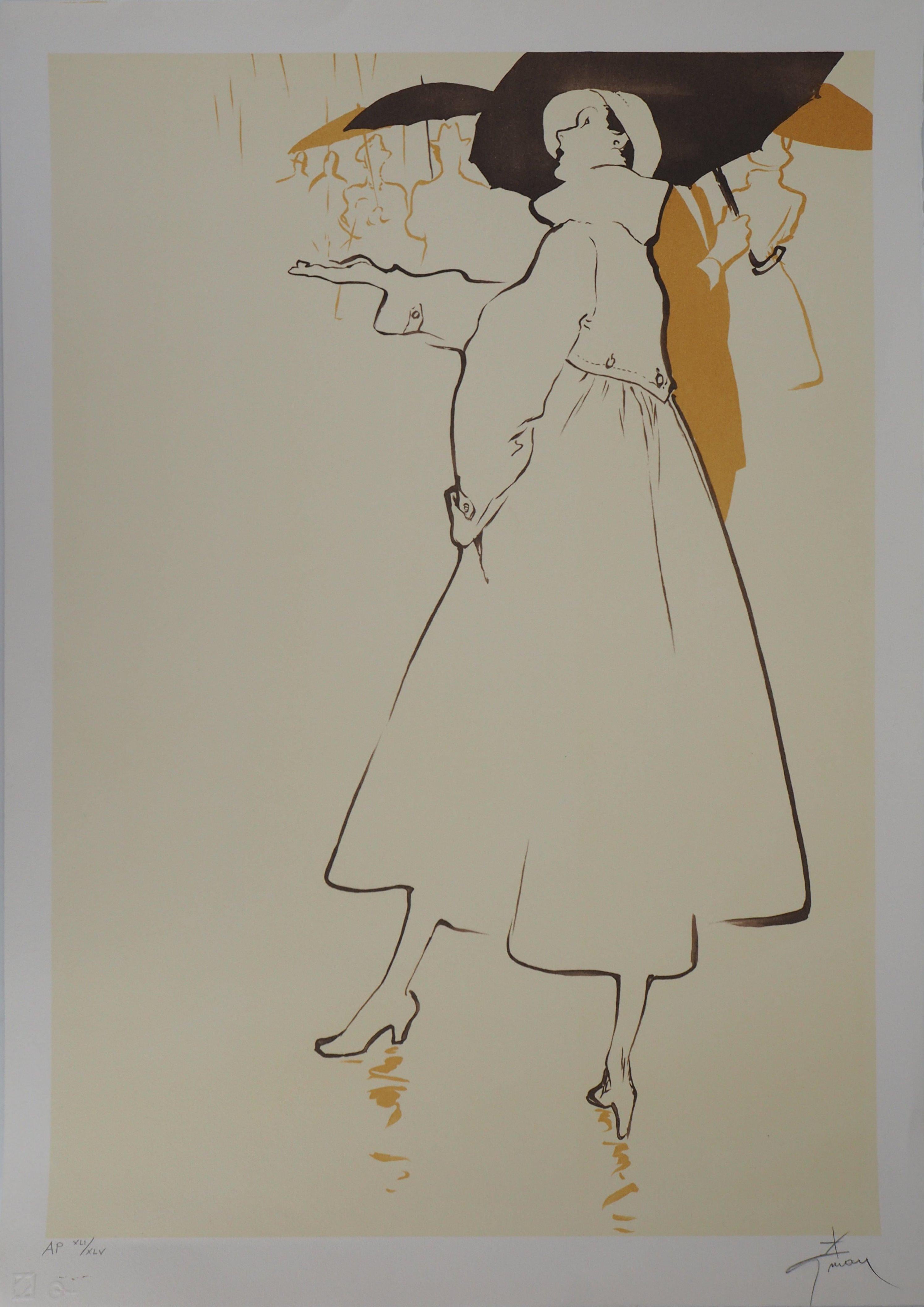 René Gruau Figurative Print - Rainy Day : Woman with Umbrella - Original Lithograph, Handsigned