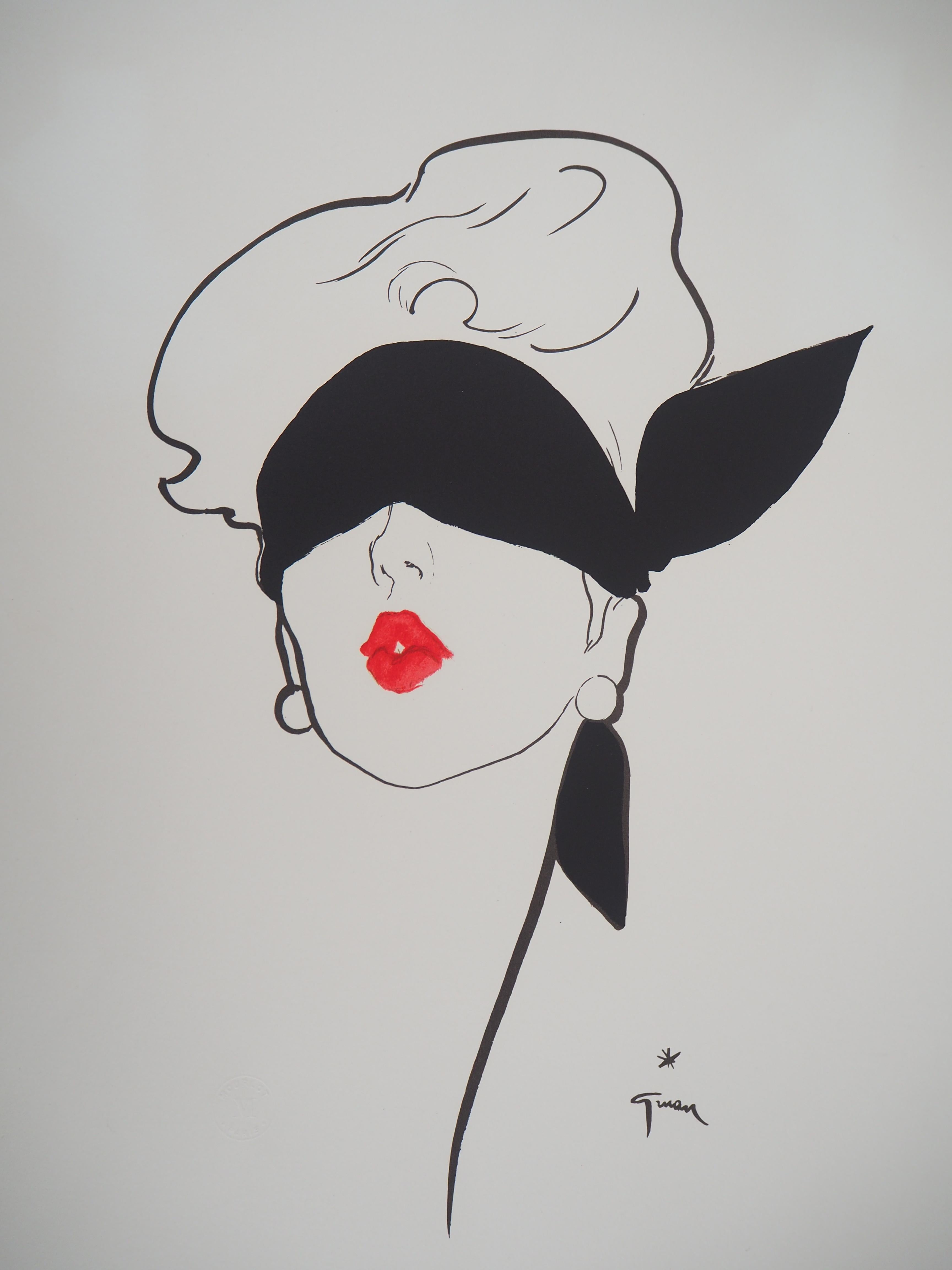 Red Kiss - Original lithograph, Handsigned (Mourlot) - Gray Portrait Print by René Gruau