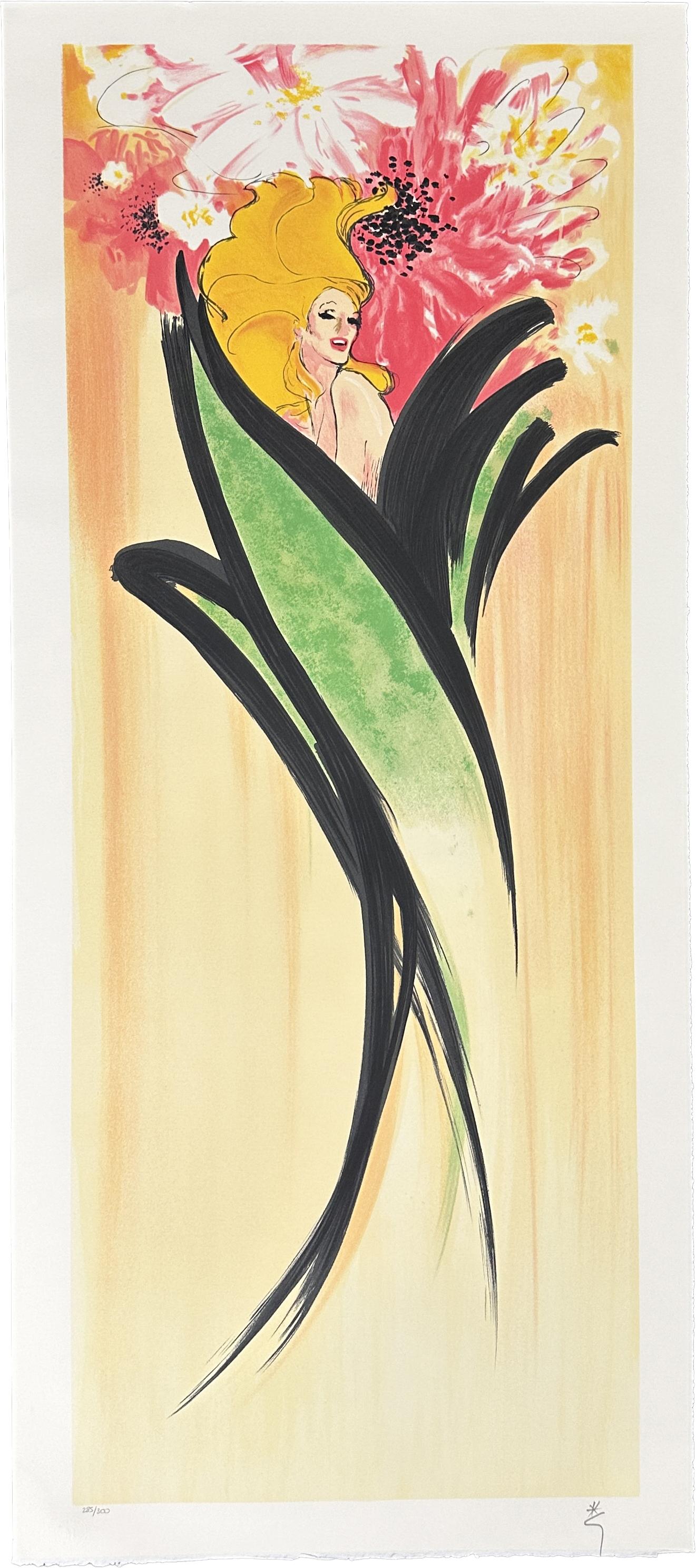 René Gruau 
LES IRIS - 1998 
Print -Lithograph on Arches Archival Paper   
46'' x 20'' inches
Edition: signed in pencil, titled and marked 285/300 
Embossed with the printers stamp Mourlot, Paris


René Gruau, an Italian-born artist who made his
