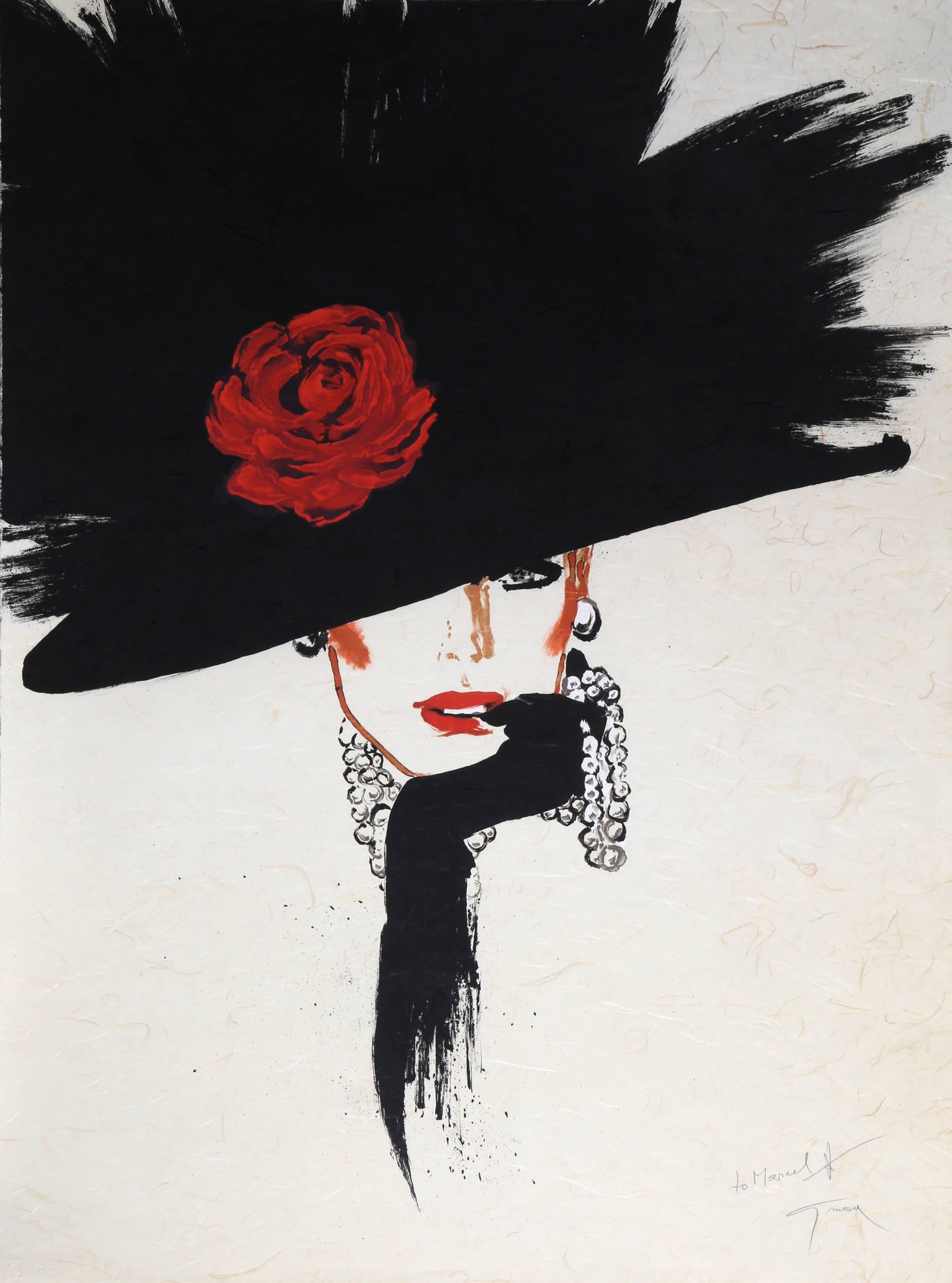 René Gruau Portrait Print - Woman in a Rose Hat, Signed Lithograph