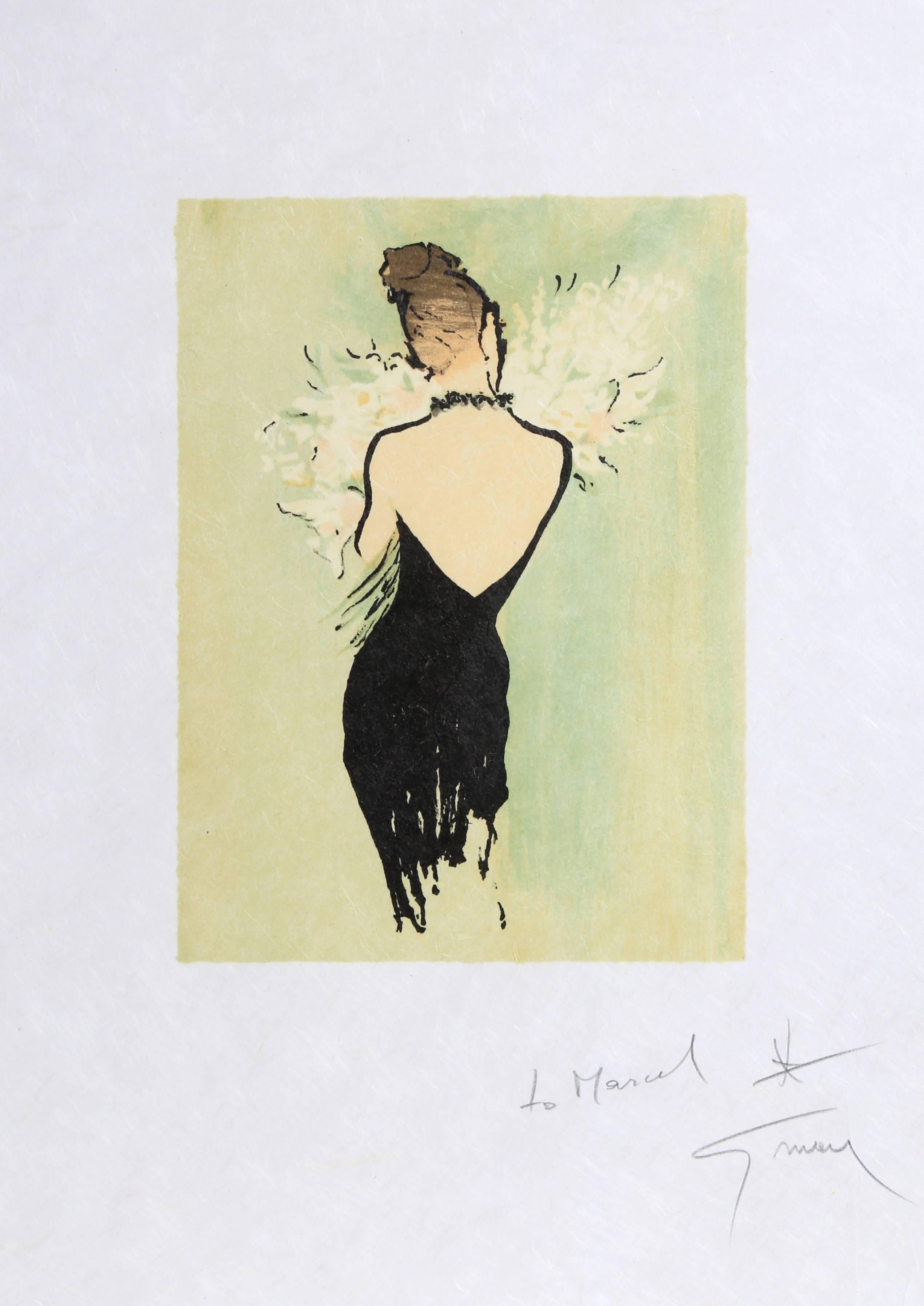 René Gruau Figurative Print - Woman in Black Dress with Flowers, Signed Lithograph by Rene Gruau