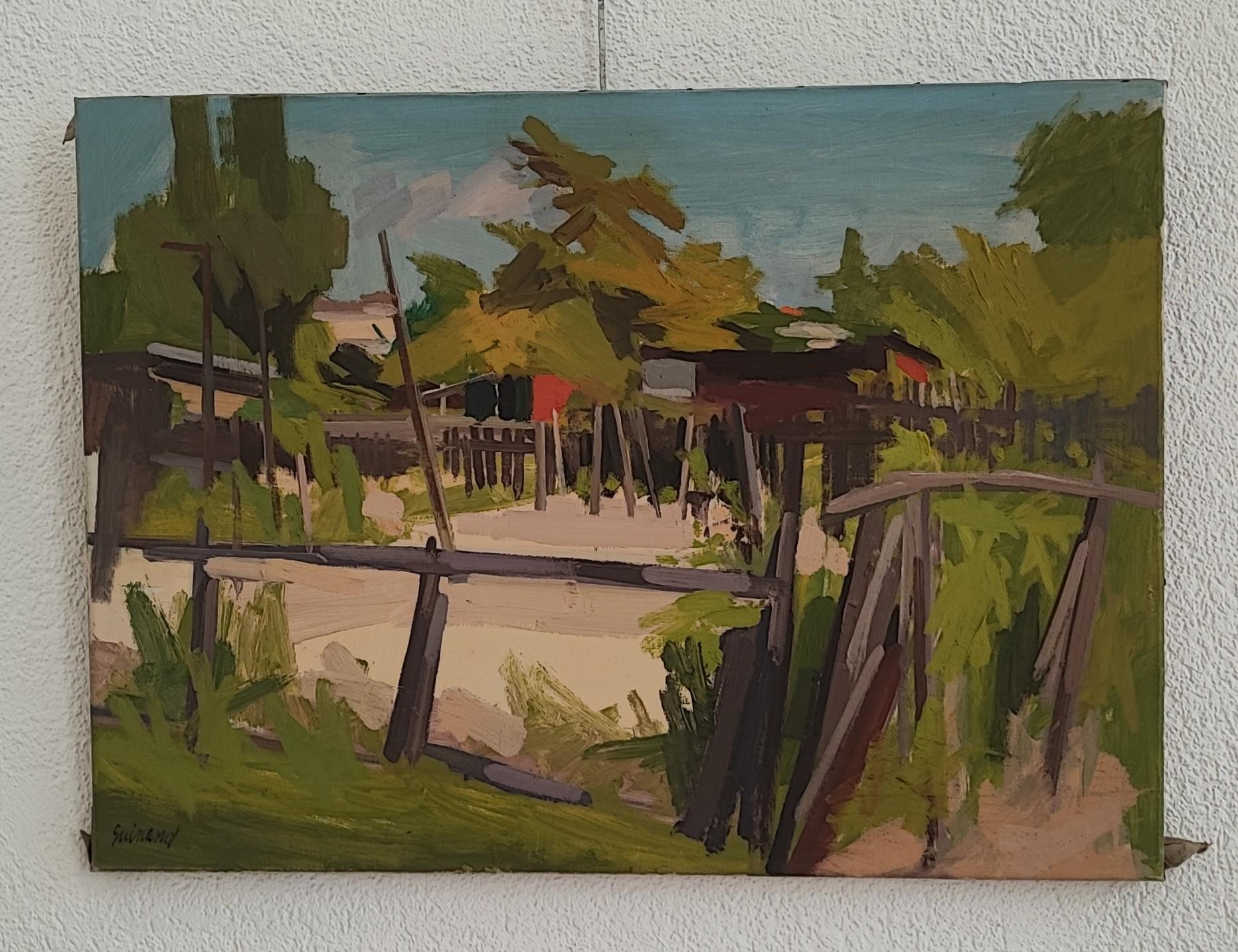 Ein Garten an der Queue d'Arve, Genf (Braun), Landscape Painting, von René Guinand