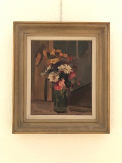 Bouquet di fiori dipinto a olio su tela, incorniciato, 1950 Natura morta