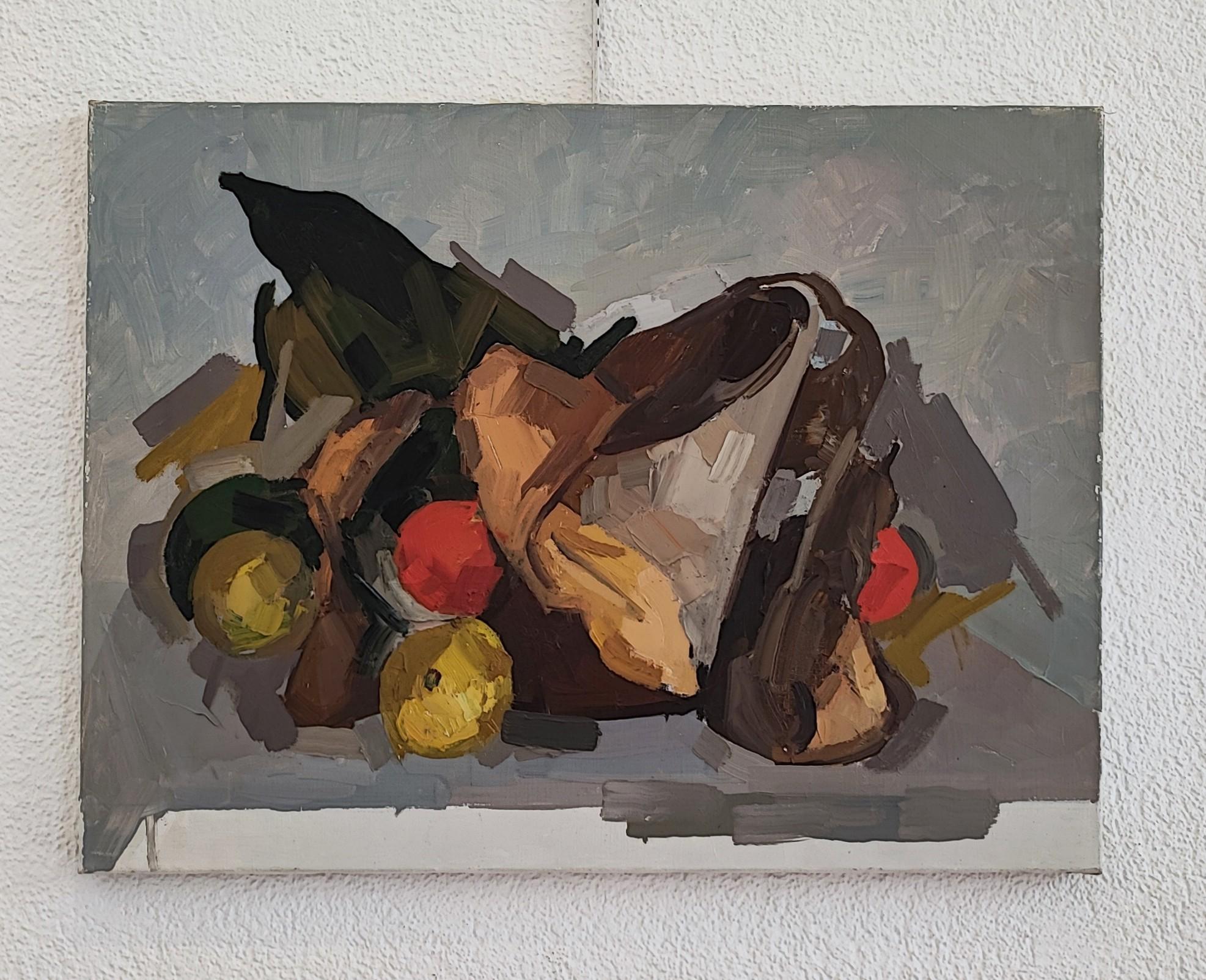 Broken pot and fruit - Gray Still-Life Painting by René Guinand
