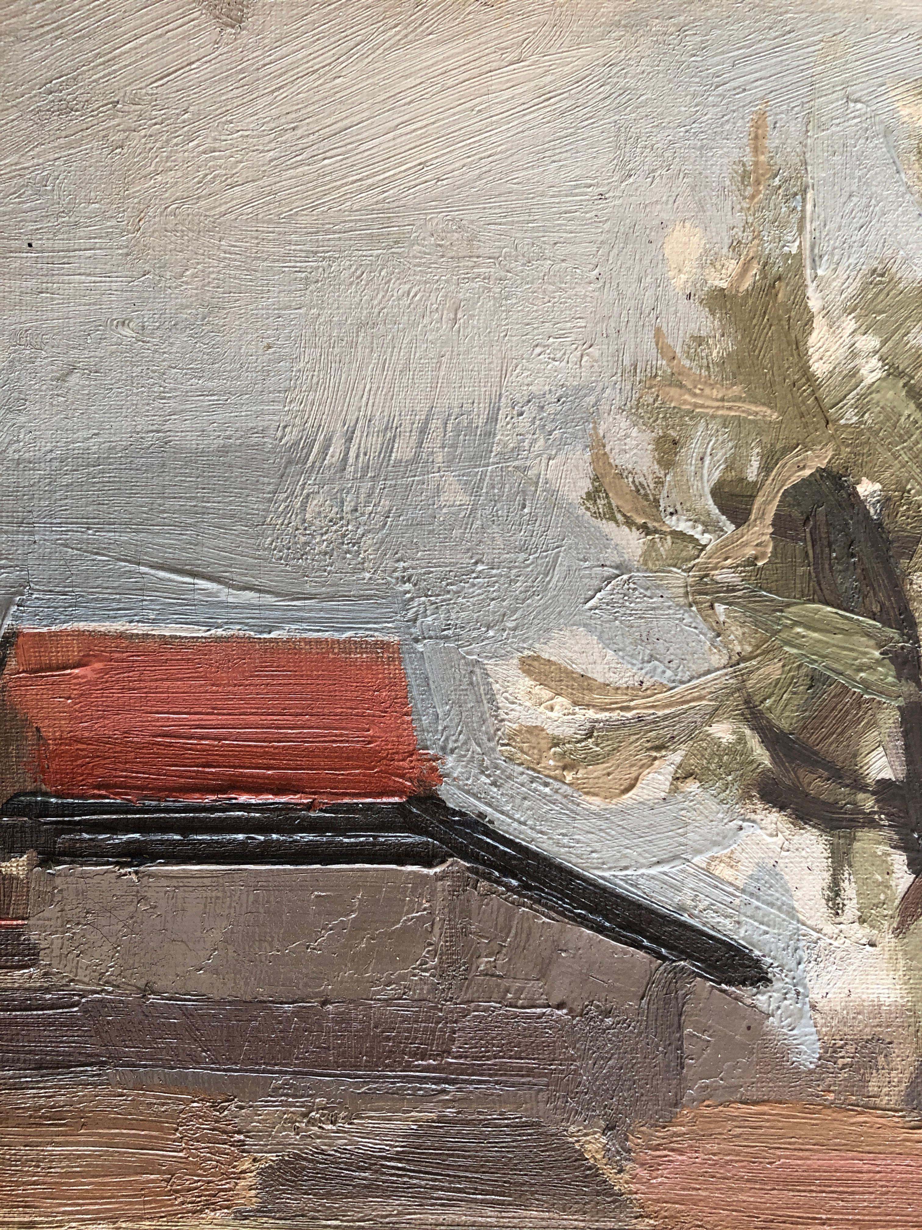 Casa di campagna con tetto rosso - Landscape Painting Grigio di René Guinand