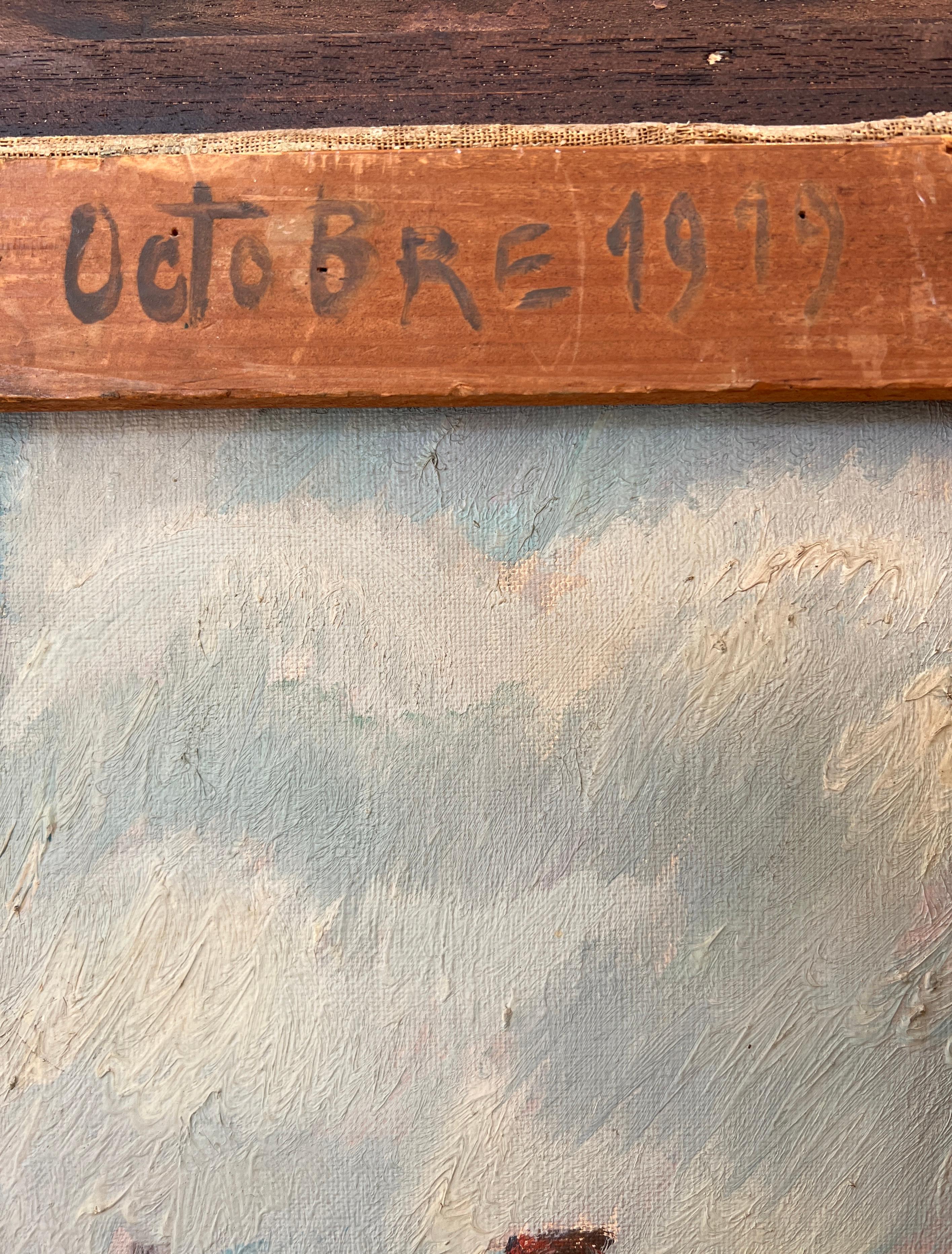 Lavori su tela
Cornice modellata in gesso e legno dorato
70 x 61 x 4 cm

Quest'opera accattivante, dipinta con innegabile maestria, presenta una vivace scena urbana vista dall'alto. Il pittore utilizza texture ricche e una tavolozza di colori