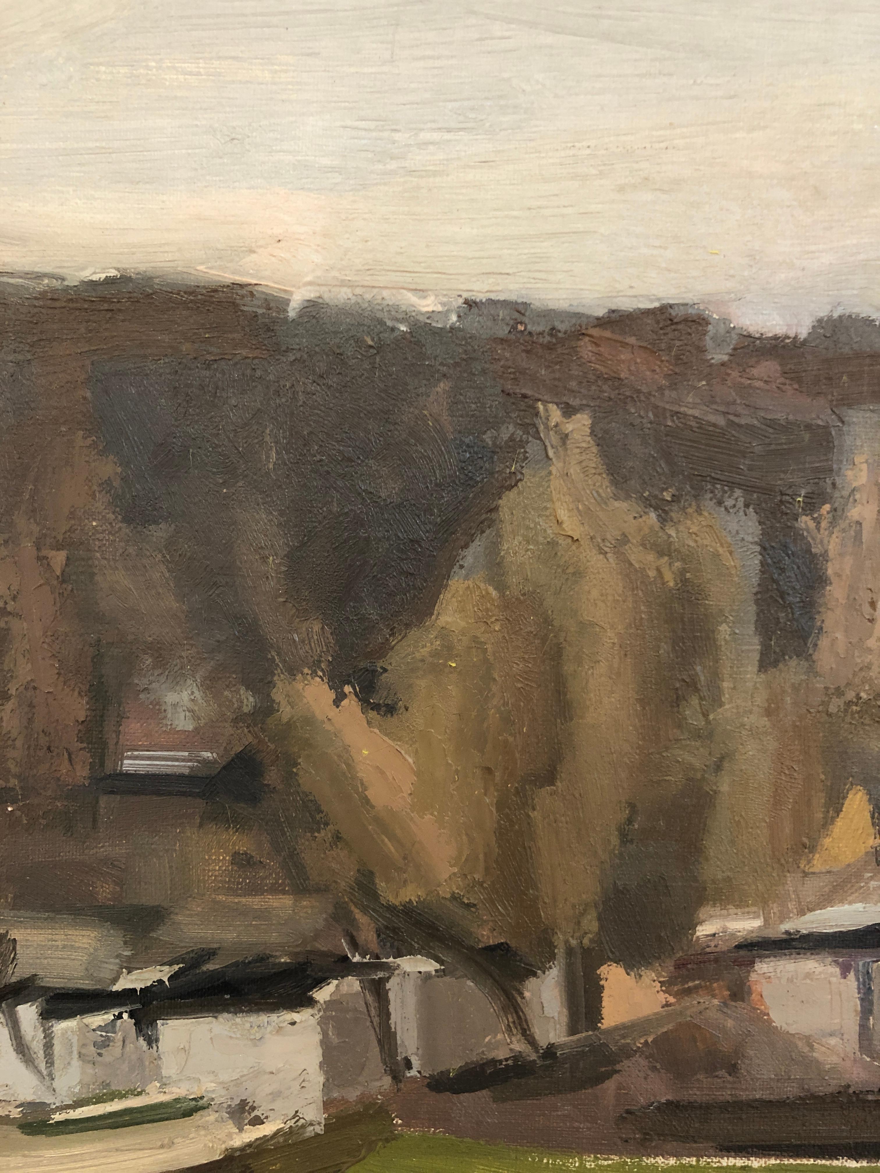 Work on canvas
Beige wooden frame
Dimension with frame : 50.5 x 59 x 3.5  cm
This captivating landscape features a serene hamlet wrapped in a soft, earthy palette. The work captures a moment of calm before the storm, with gray and brown tones