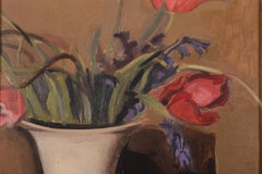 Modernist Still Life with Red Tulips in a White Vase, 20th Century Oil Painting