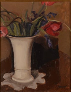 Modernist Still Life with Red Tulips in a White Vase, 20th Century Oil Painting