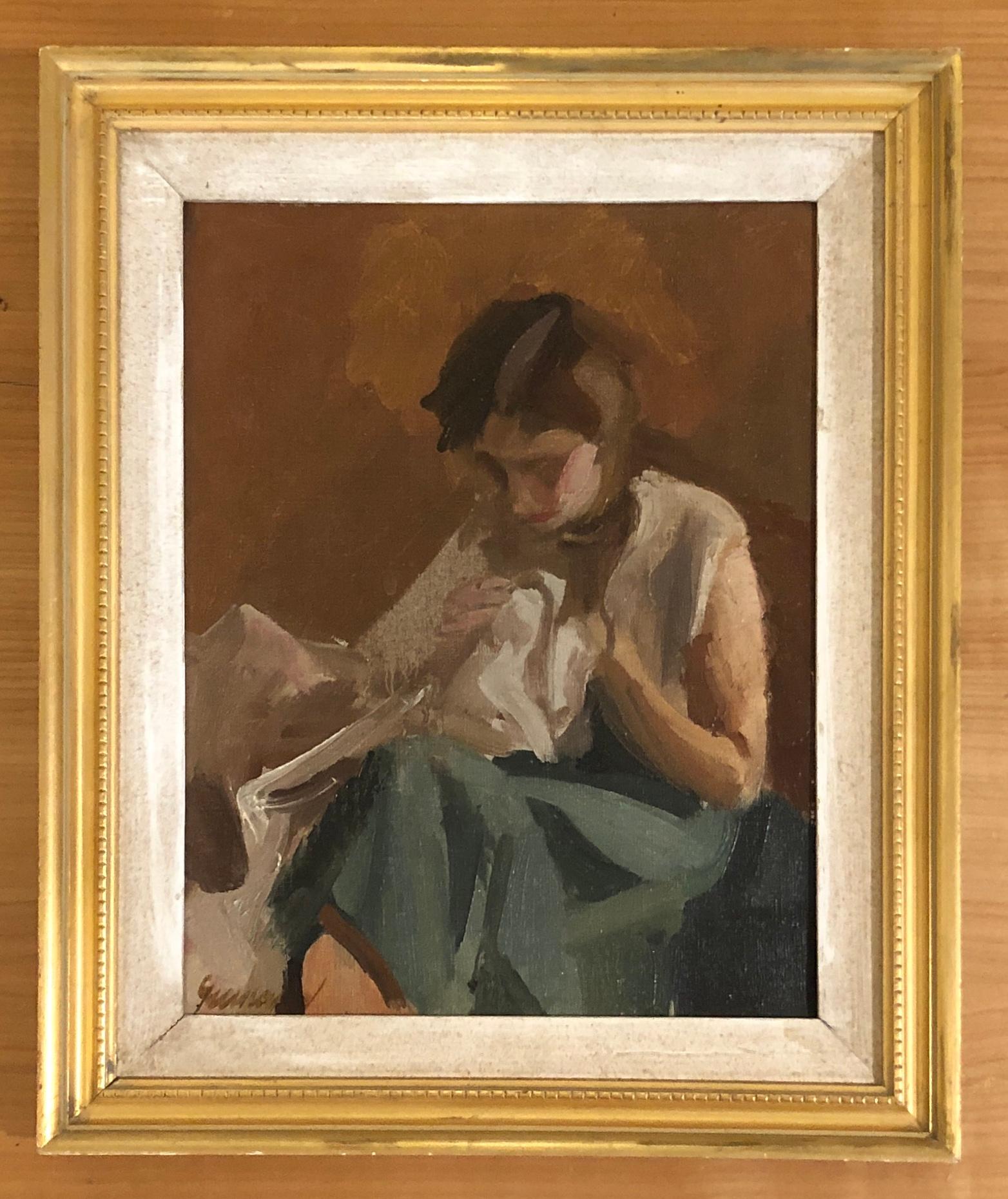 Young girl sewing - Painting by René Guinand