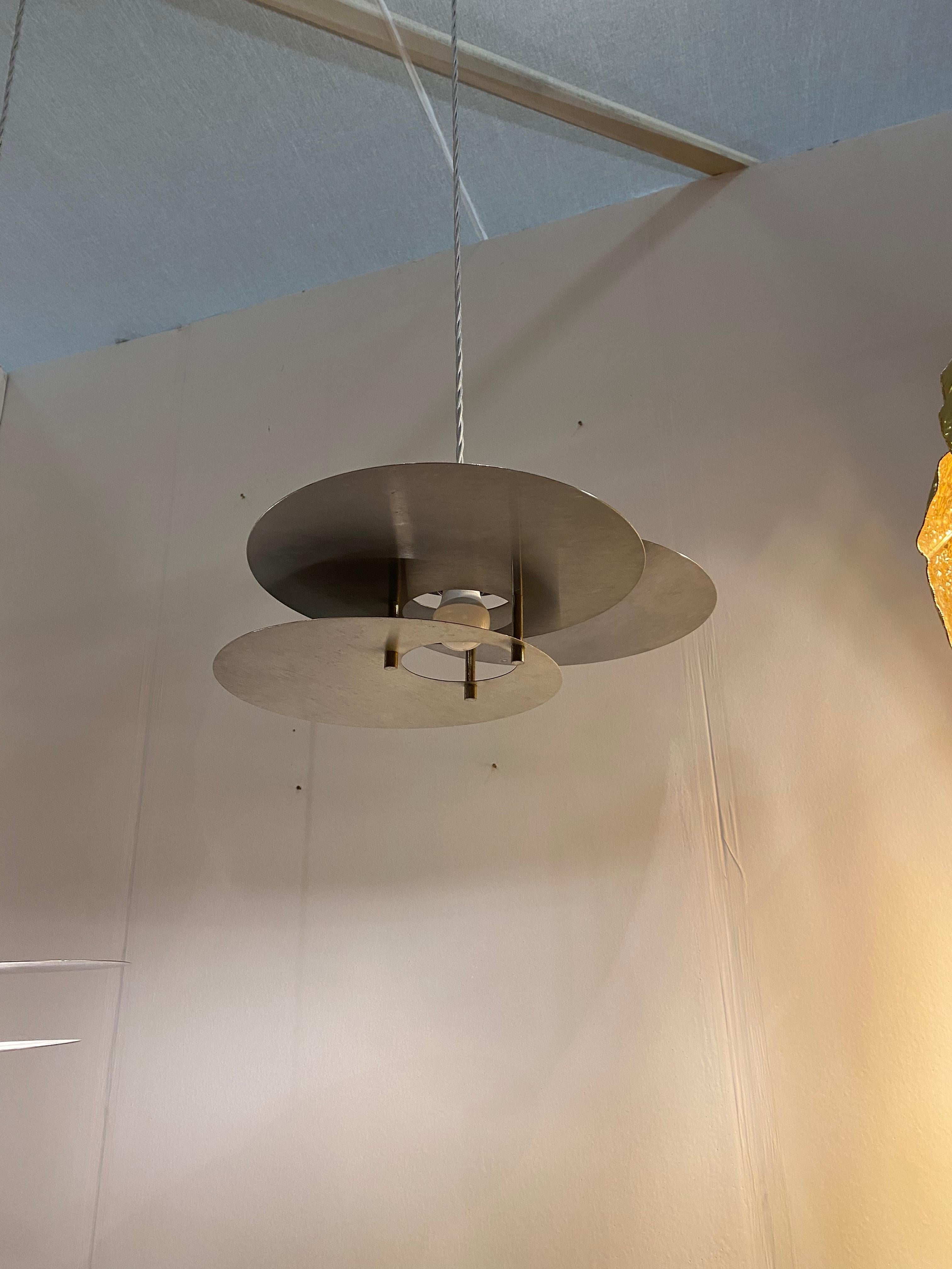 French René Herbst Bauhaus Modernist Ceiling Lamp Pendant Chandelier 1950s Steel Space For Sale