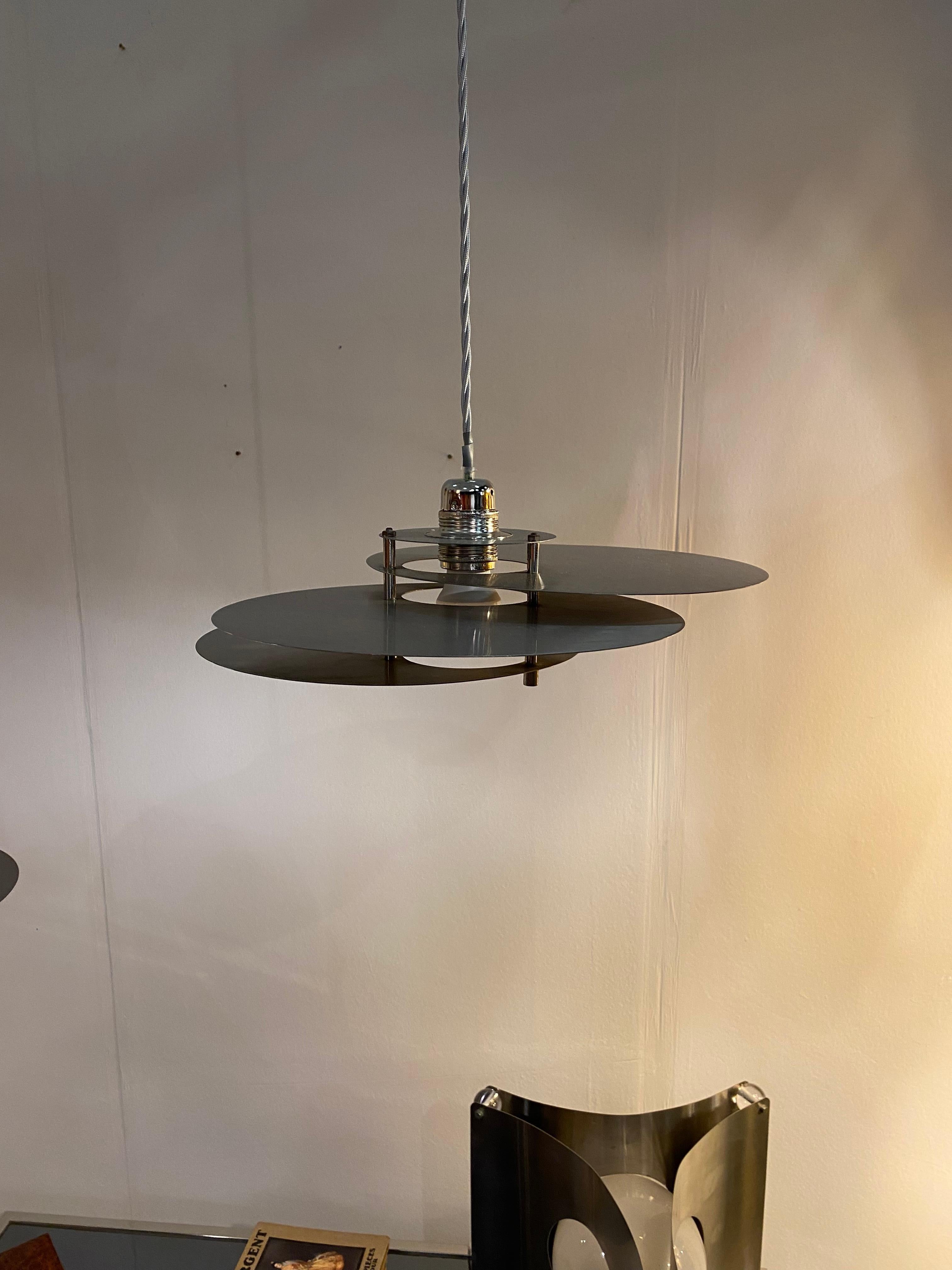 Brushed René Herbst Bauhaus Modernist Ceiling Lamp Pendant Chandelier 1950s Steel Space For Sale