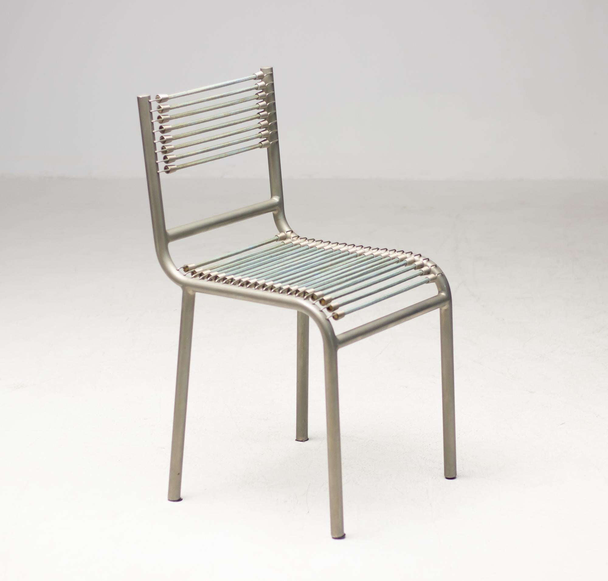 René Herbst Sandows chair with nickel-plated frame, designed in 1928 and introduced at the Salon d' Automne in 1929.
This chair produced, circa 1950.
The design is part of the MoMa NY museum collection.